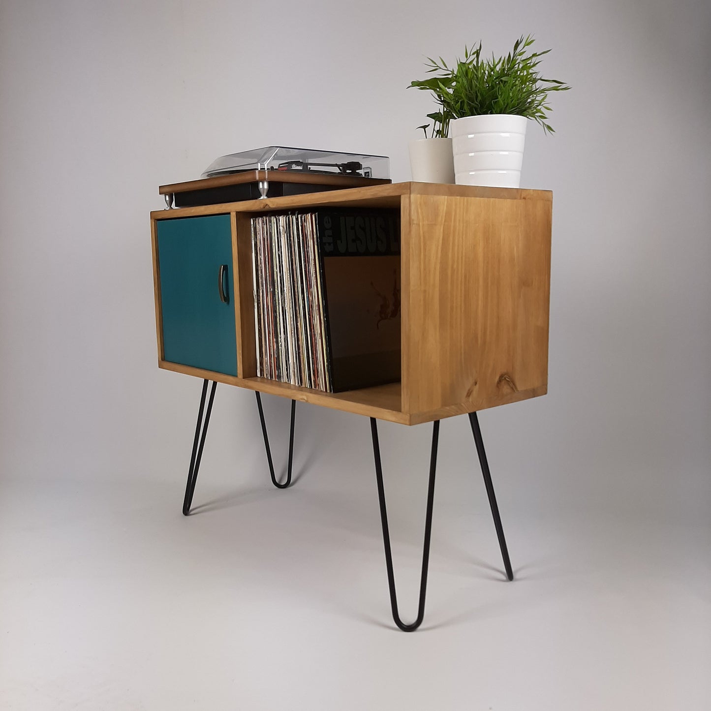 Oak Sideboard Royal Blue Door | Hairpin Legs | Media Console | Vinyl Cabinet | Vinyl Storage
