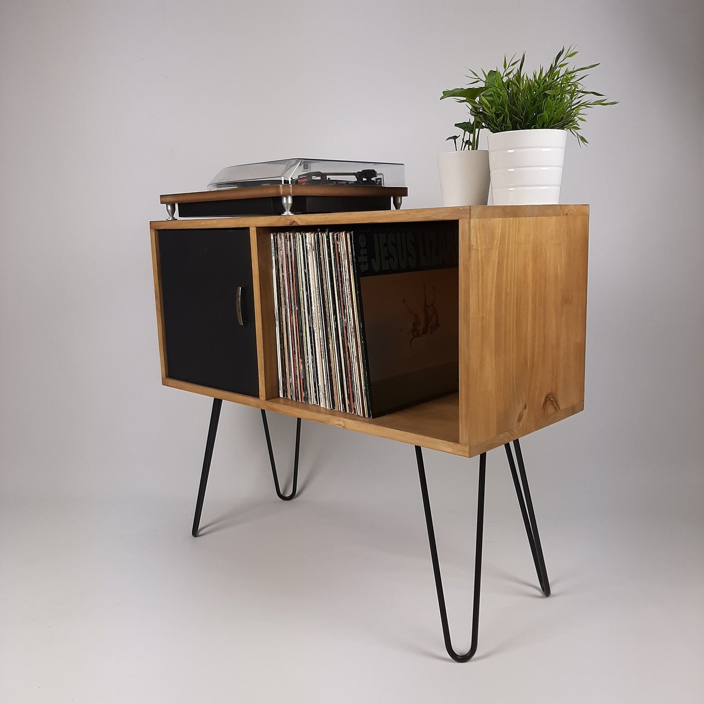 Oak Sideboard Black Hairpin Legs & Door | Medium Sideboard | Vinyl Storage | Mid Century Modern | Buffet