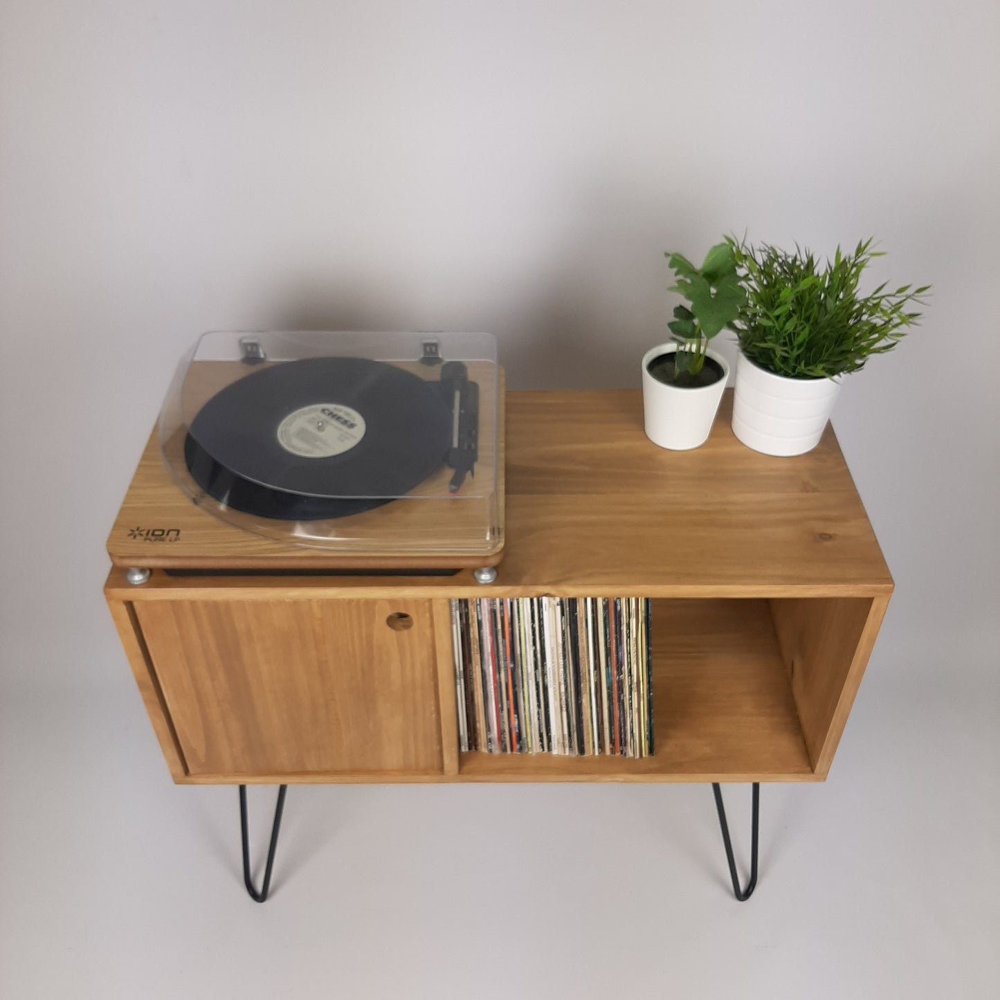 Oak Sideboard Black Haipin Legs Table | Medium Sideboard | Media Console | Mid Century Modern Vinyl Storage | Mid Century Sideboard
