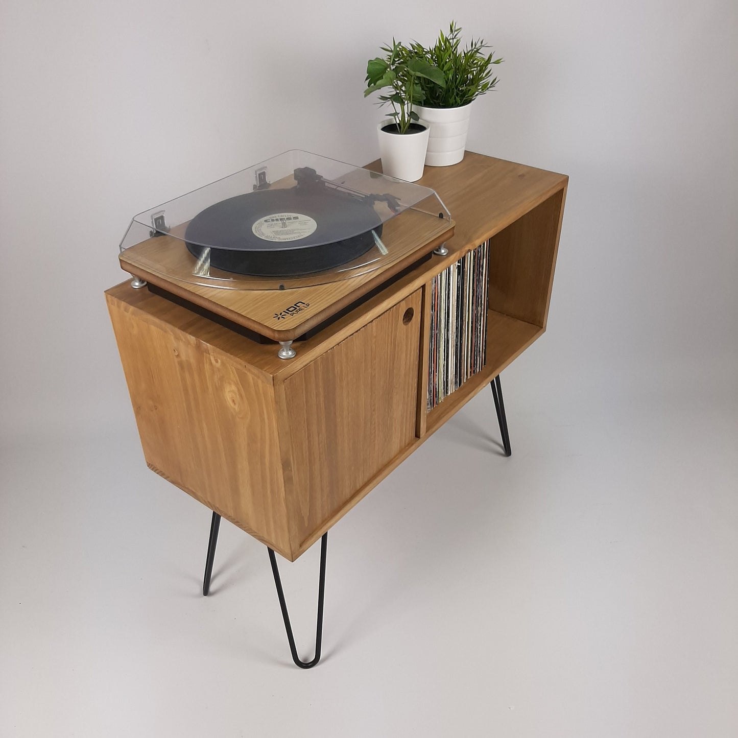 Oak Sideboard Black Haipin Legs Table | Medium Sideboard | Media Console | Mid Century Modern Vinyl Storage | Mid Century Sideboard