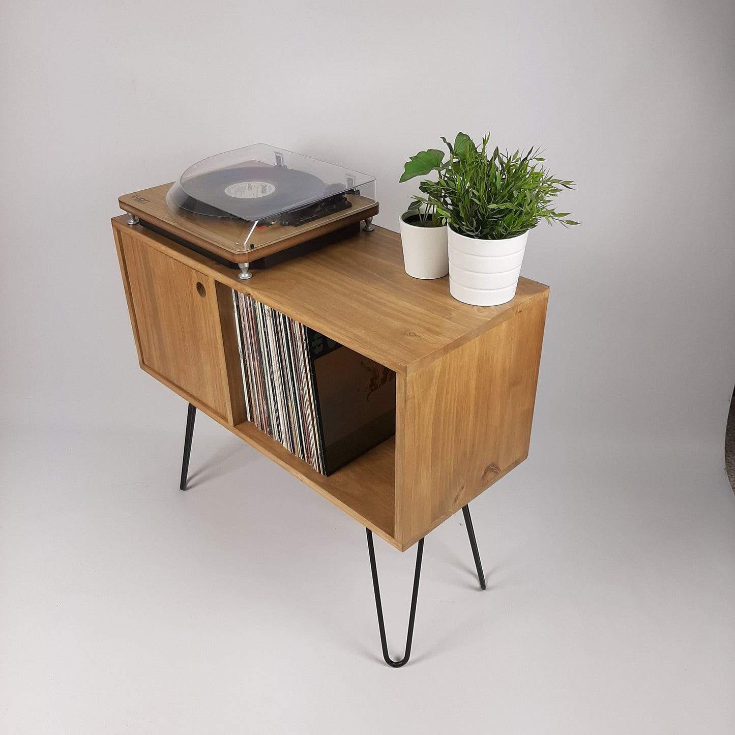Oak Sideboard Black Haipin Legs Table | Medium Sideboard | Media Console | Mid Century Modern Vinyl Storage | Mid Century Sideboard