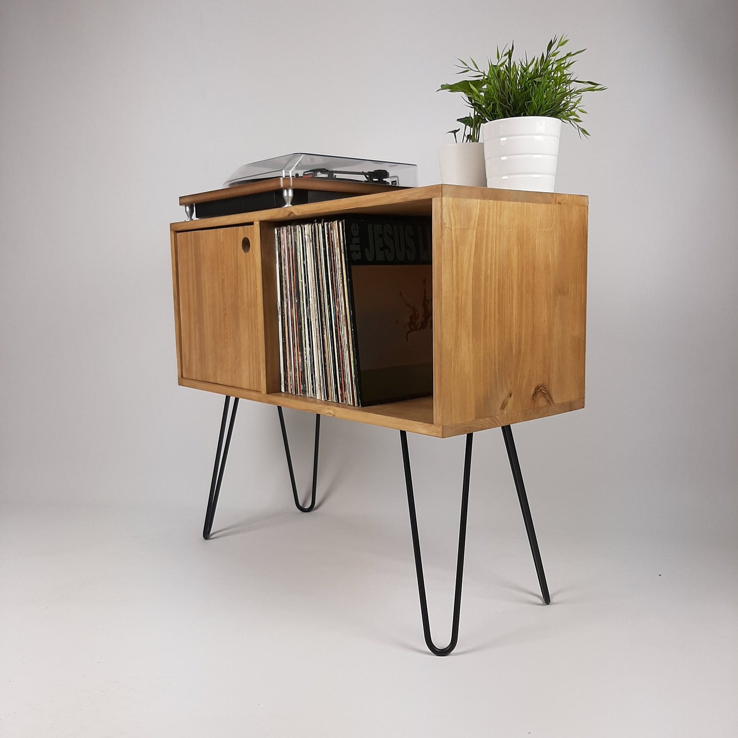 Oak Sideboard Black Haipin Legs Table | Medium Sideboard | Media Console | Mid Century Modern Vinyl Storage | Mid Century Sideboard
