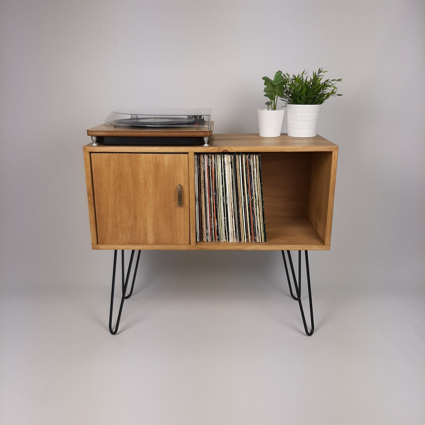 Oak Sideboard with Brass Handle | Black Haipin Legs Table | Media Console | Mid Century Modern Vinyl Storage | Mid Century Sideboard