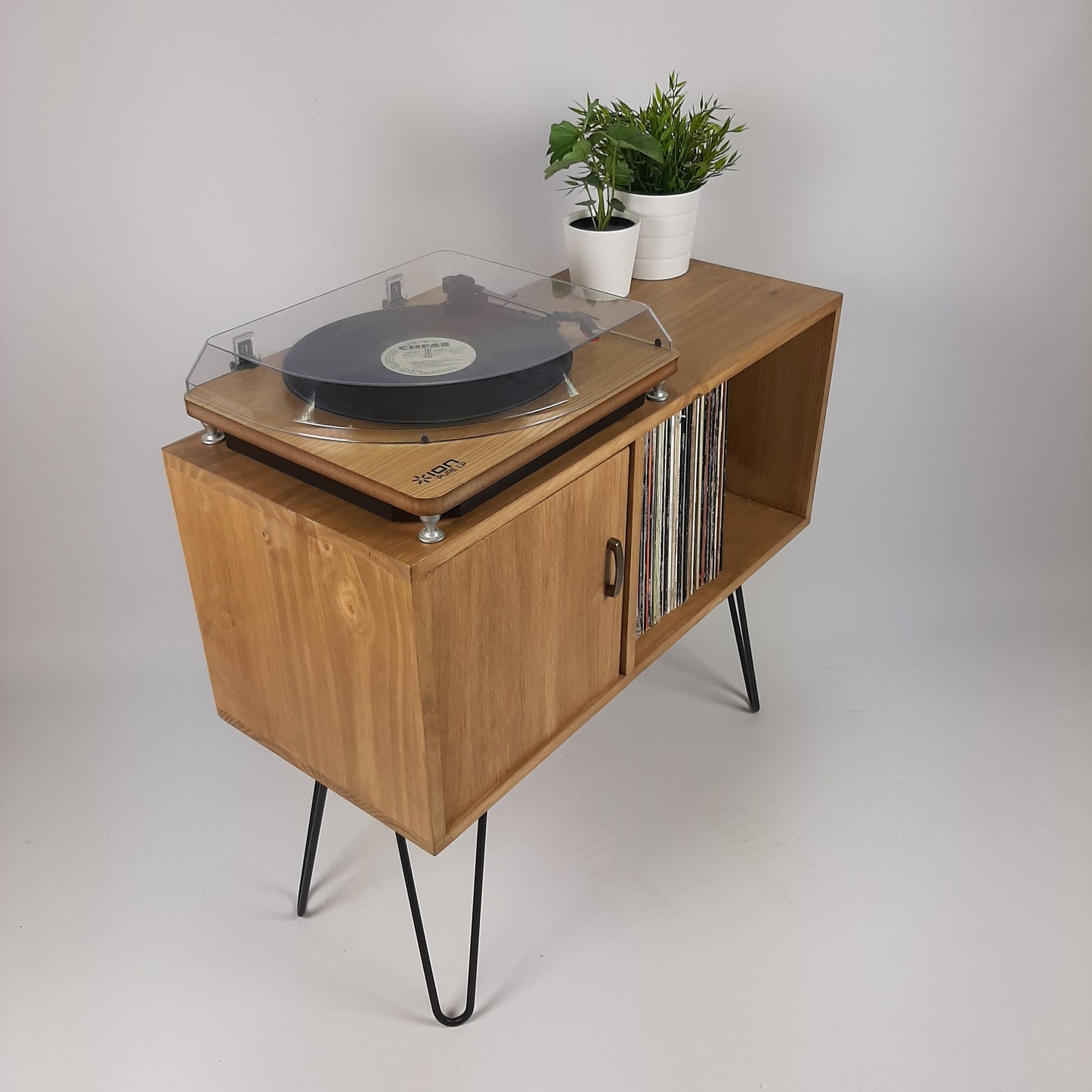 Oak Sideboard with Brass Handle | Black Haipin Legs Table | Media Console | Mid Century Modern Vinyl Storage | Mid Century Sideboard