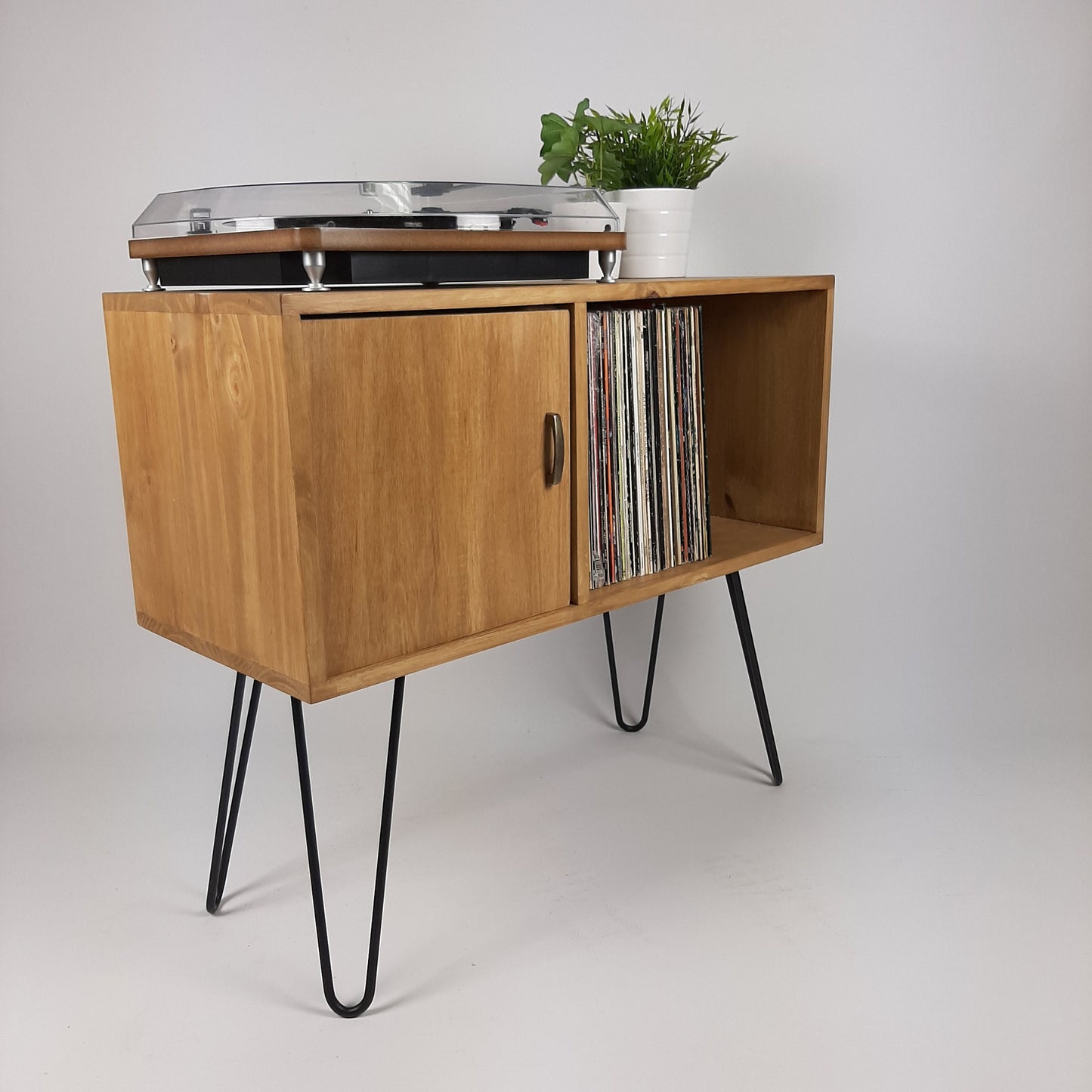 Oak Sideboard with Brass Handle | Black Haipin Legs Table | Media Console | Mid Century Modern Vinyl Storage | Mid Century Sideboard