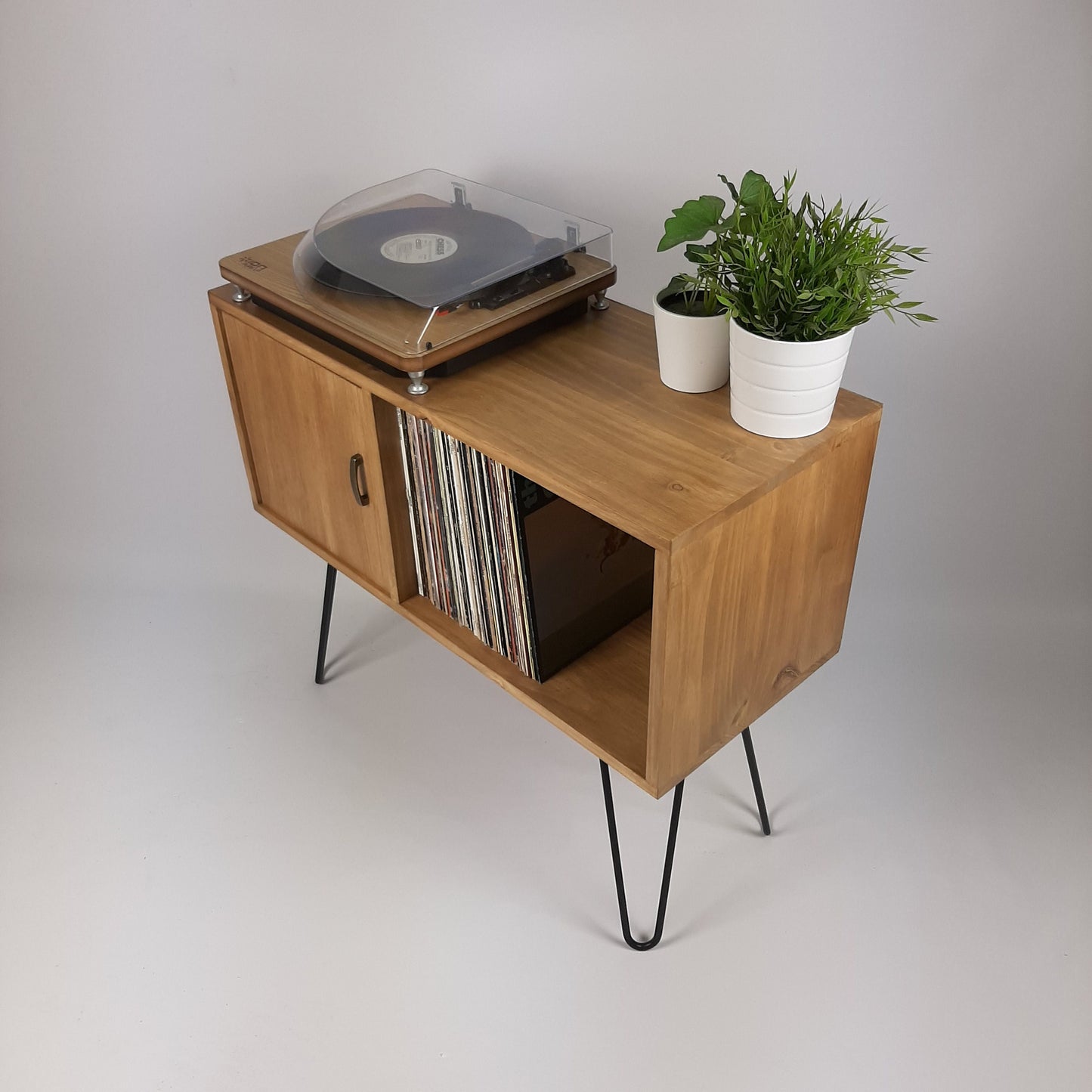 Oak Sideboard with Brass Handle | Black Haipin Legs Table | Media Console | Mid Century Modern Vinyl Storage | Mid Century Sideboard