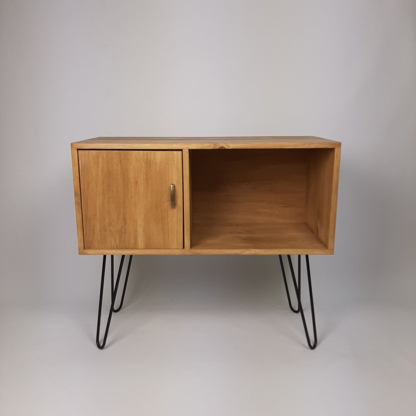Oak Sideboard with Brass Handle | Black Haipin Legs Table | Media Console | Mid Century Modern Vinyl Storage | Mid Century Sideboard