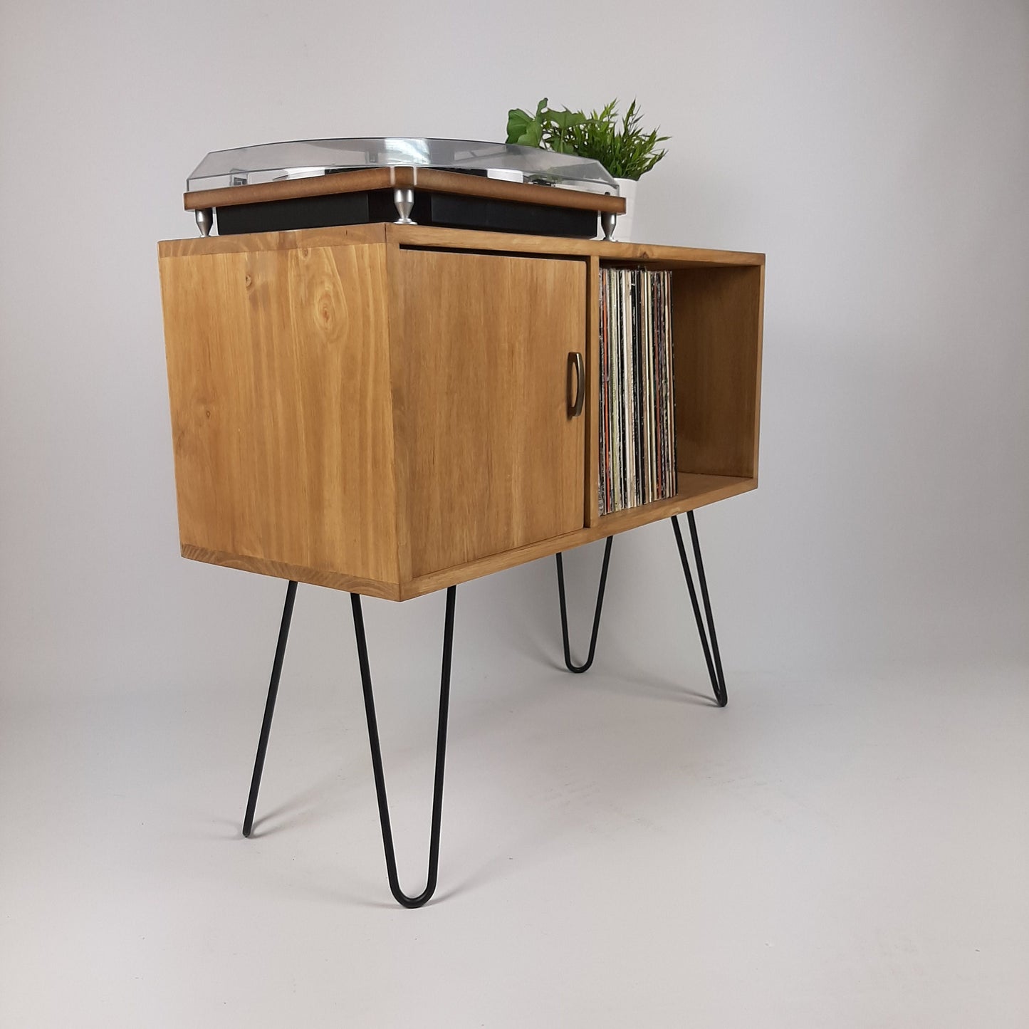 Oak Sideboard with Brass Handle | Black Haipin Legs Table | Media Console | Mid Century Modern Vinyl Storage | Mid Century Sideboard