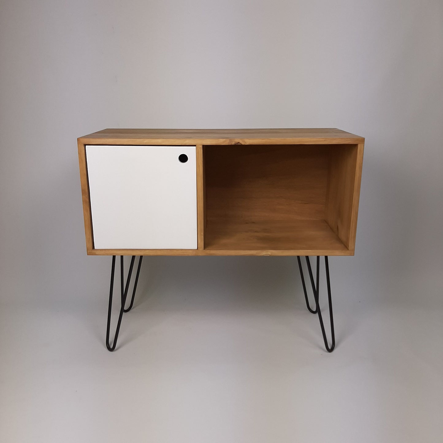 Oak Sideboard White Door And Black Hairpin Legs | Classic Vinyl Storage Table | Mid Century Modern | Sideboard | Console Table