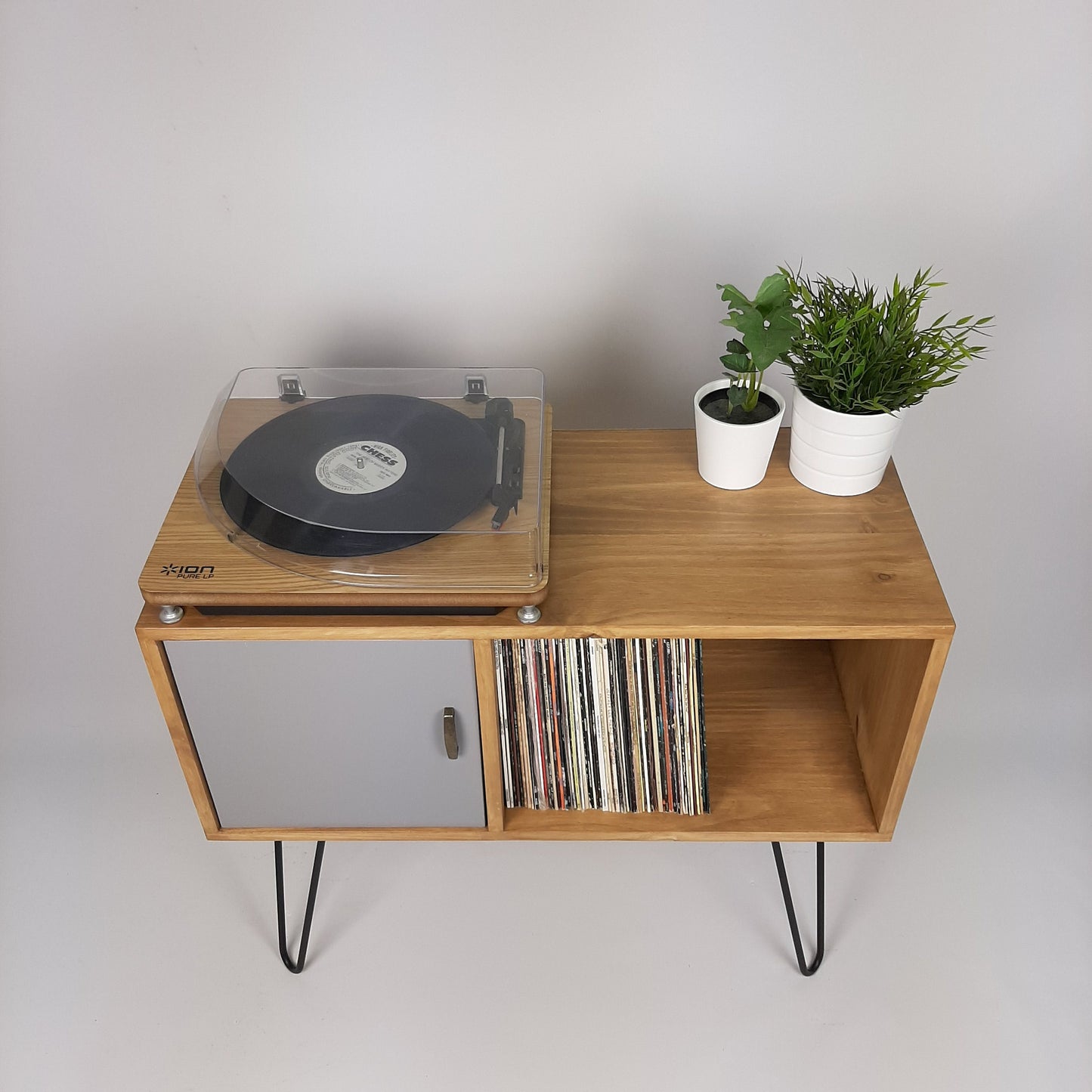 Oak Sideboard with Grey Door & Black Hairpin Legs | Medium Sideboard | Vinyl Storage | Mid Century Modern | Buffet