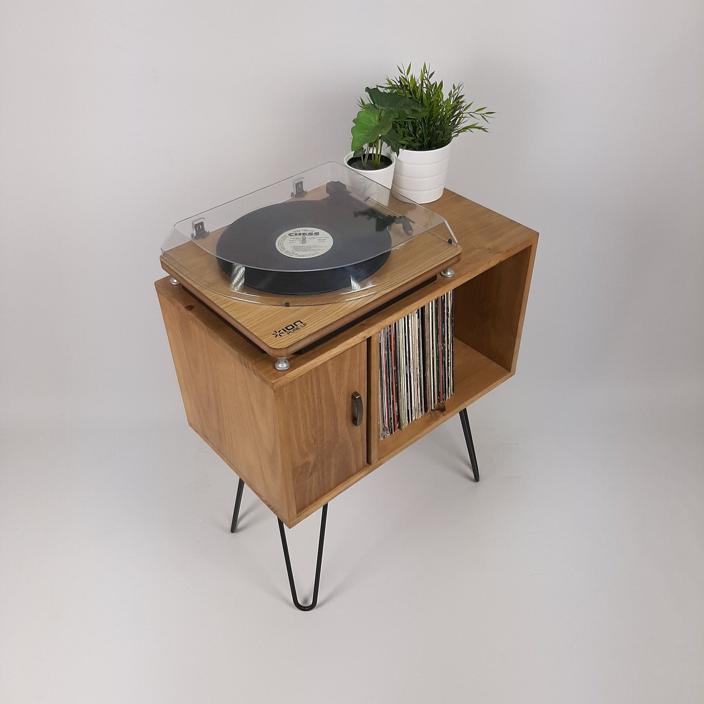 Oak Sideboard Brass Handle | Media Console | Black Mid Century Hairpin Legs | 1950s Design | Mod Furniture | Natural Furniture