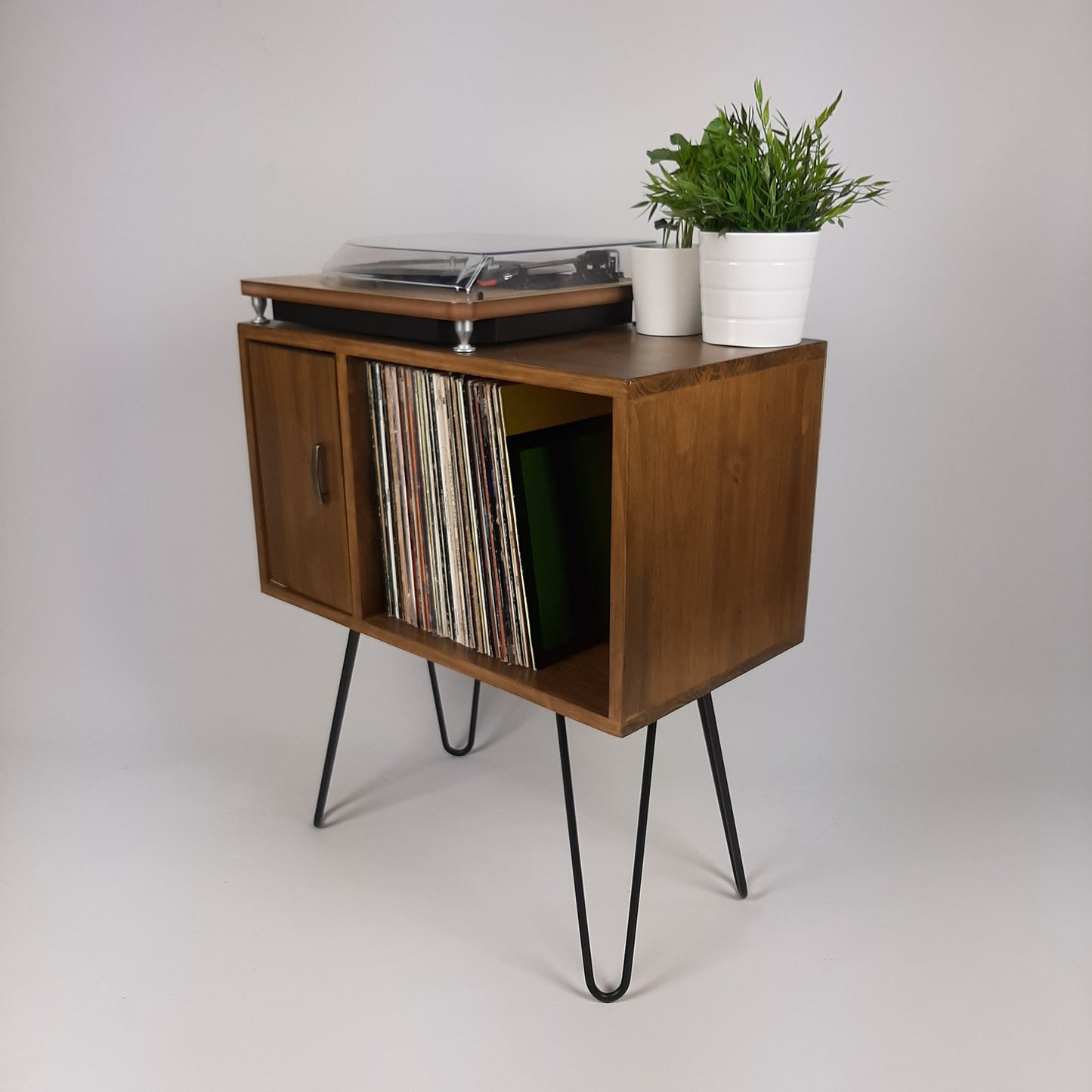 Designer Cabinet | Small Media Console | Brass Hairpin Legs | Walnut Sideboard | Vinyl Record Storage | Danish Furniture | Scandi