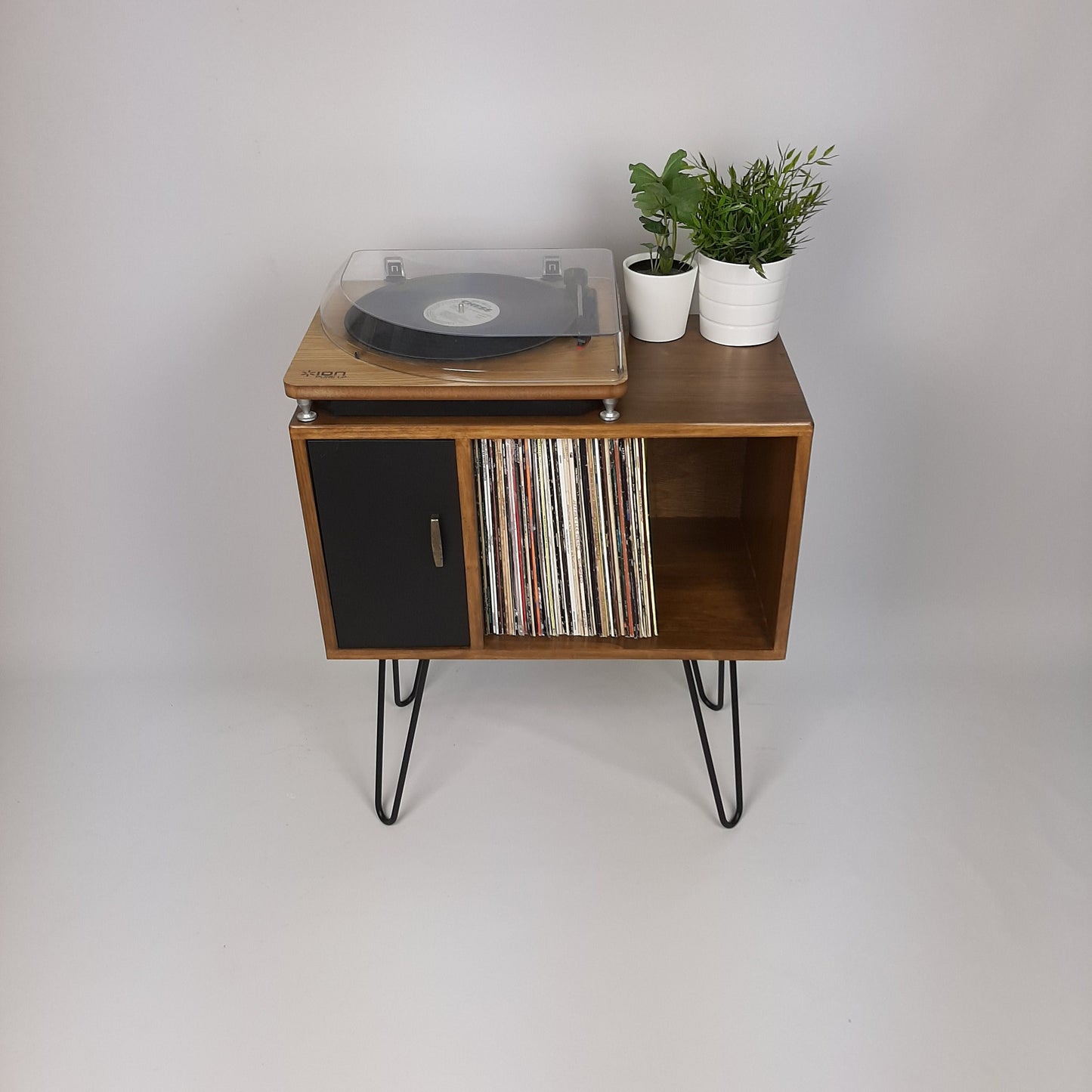 Small Walnut Sideboard | Black Door & Hairpin Legs | Record Deck Table | Vinyl Storage | Designer Sideboard | Minimalist Furniture