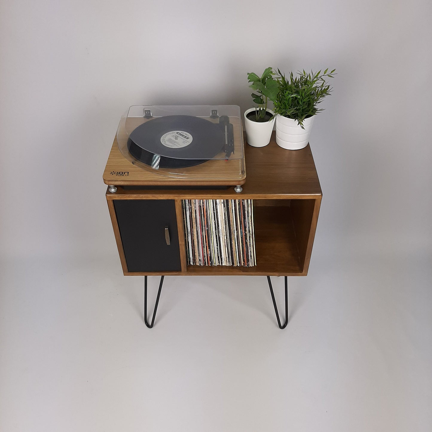 Small Walnut Sideboard | Black Door & Hairpin Legs | Record Deck Table | Vinyl Storage | Designer Sideboard | Minimalist Furniture