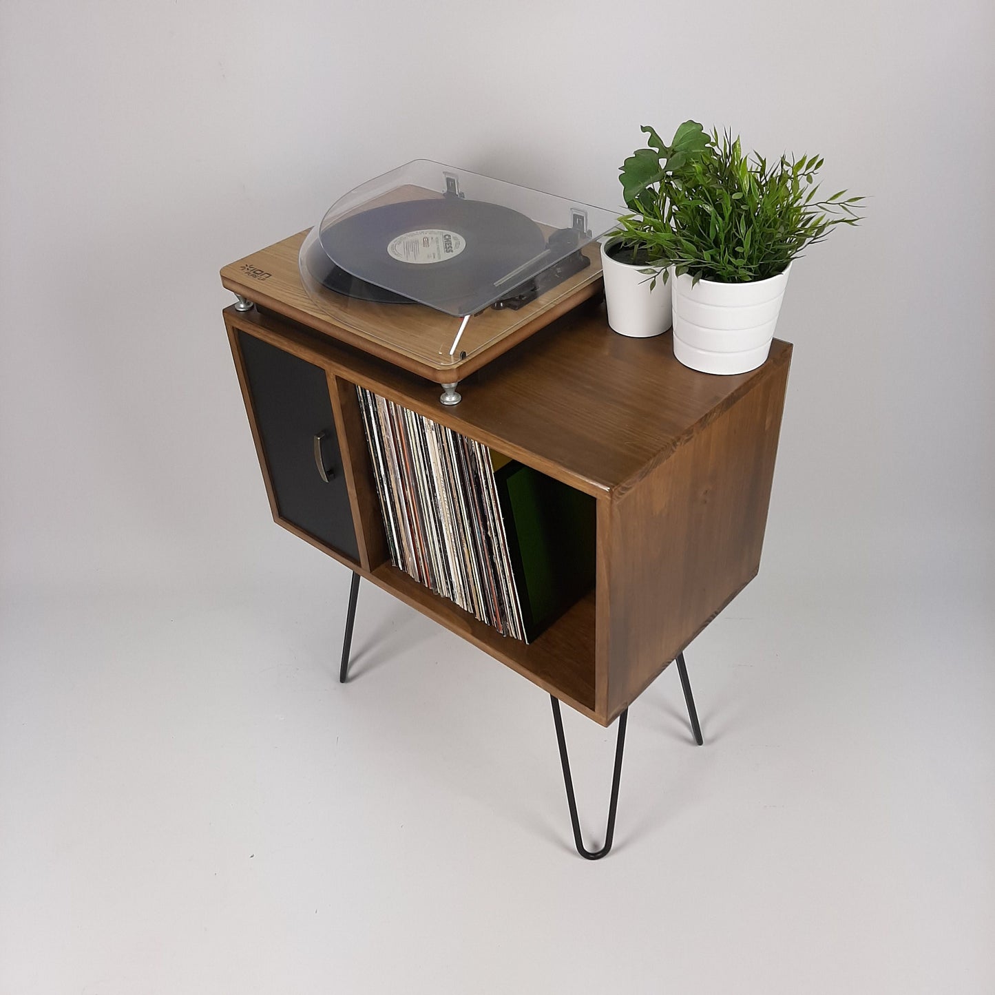 Small Walnut Sideboard | Black Door & Hairpin Legs | Record Deck Table | Vinyl Storage | Designer Sideboard | Minimalist Furniture