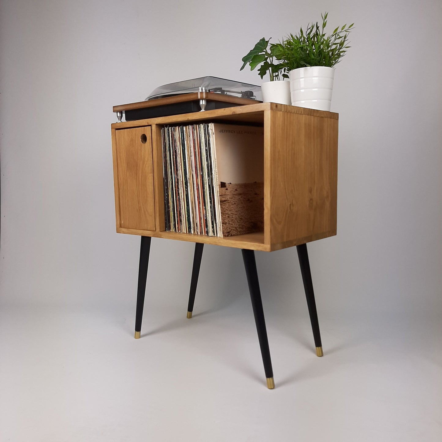 Oak Sideboard with Black 1950s Legs | Small Solid Wood Sideboard | Record Storage Console | Classic Style | Modernist Furniture