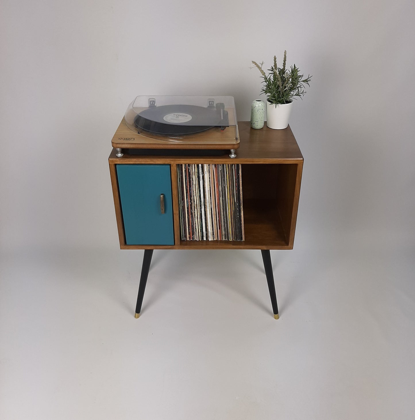 Compact Walnut Sideboard with Blue Door | Minimalist Media Console | Vinyl Record Storage | TV Stand | Solid Wood Sideboard
