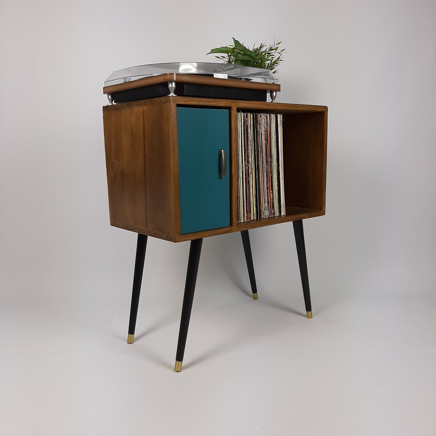 Compact Walnut Sideboard with Blue Door | Minimalist Media Console | Vinyl Record Storage | TV Stand | Solid Wood Sideboard