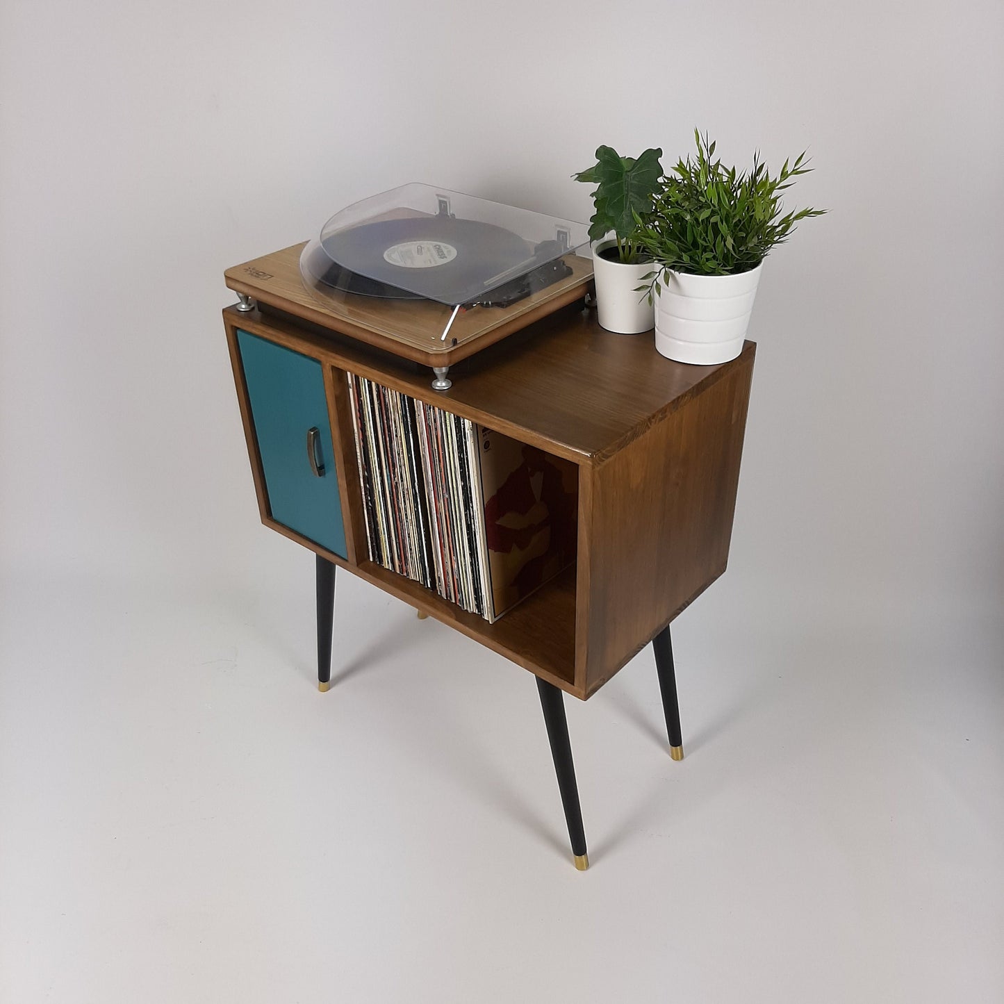 Compact Walnut Sideboard with Blue Door | Minimalist Media Console | Vinyl Record Storage | TV Stand | Solid Wood Sideboard
