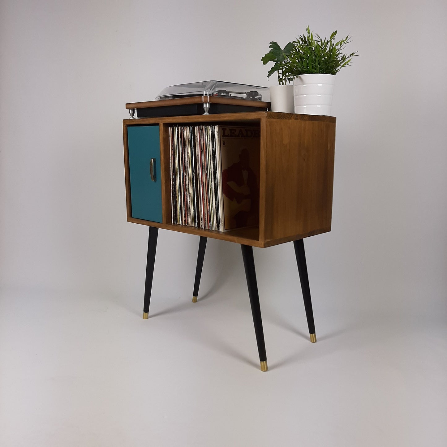 Compact Walnut Sideboard with Blue Door | Minimalist Media Console | Vinyl Record Storage | TV Stand | Solid Wood Sideboard