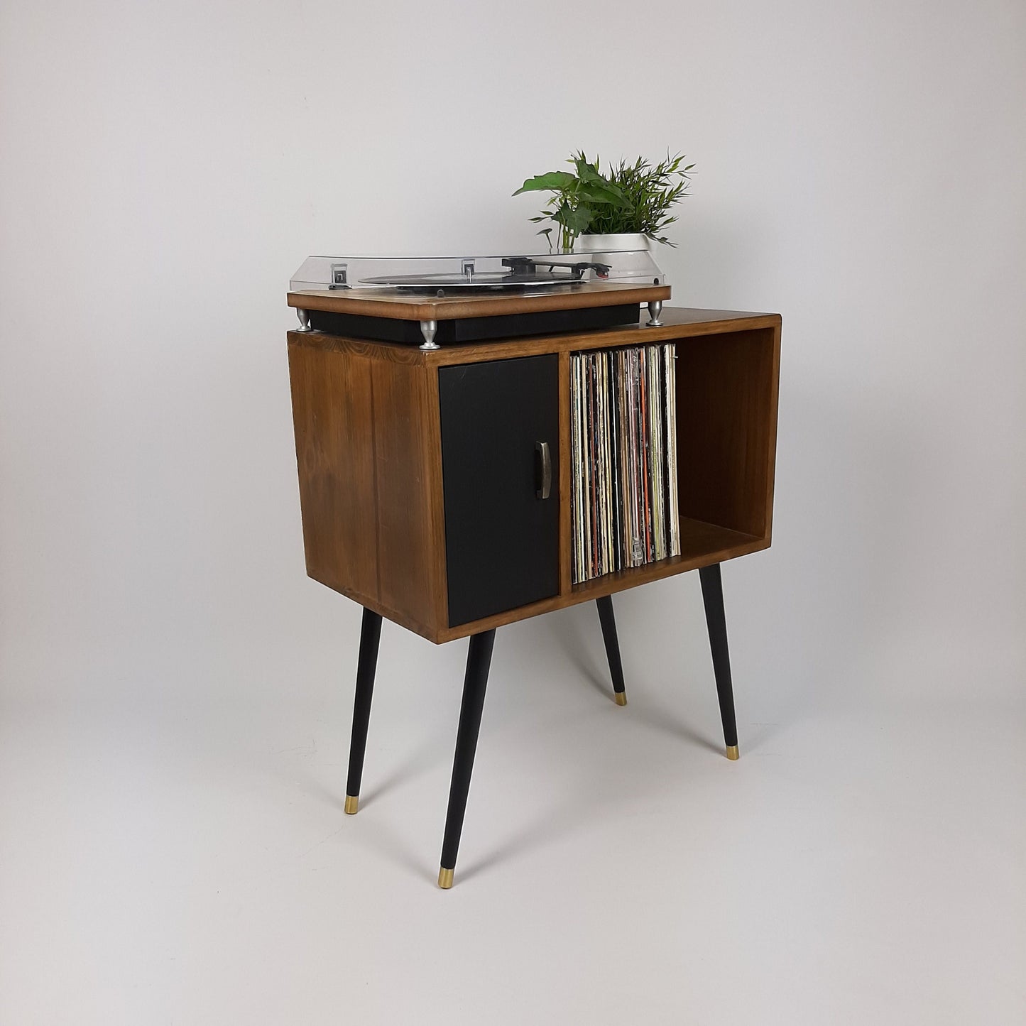 Compact Walnut Sideboard with Black Door | Minimalist Media Console | Vinyl Record Storage | TV Stand | Solid Wood Sideboard
