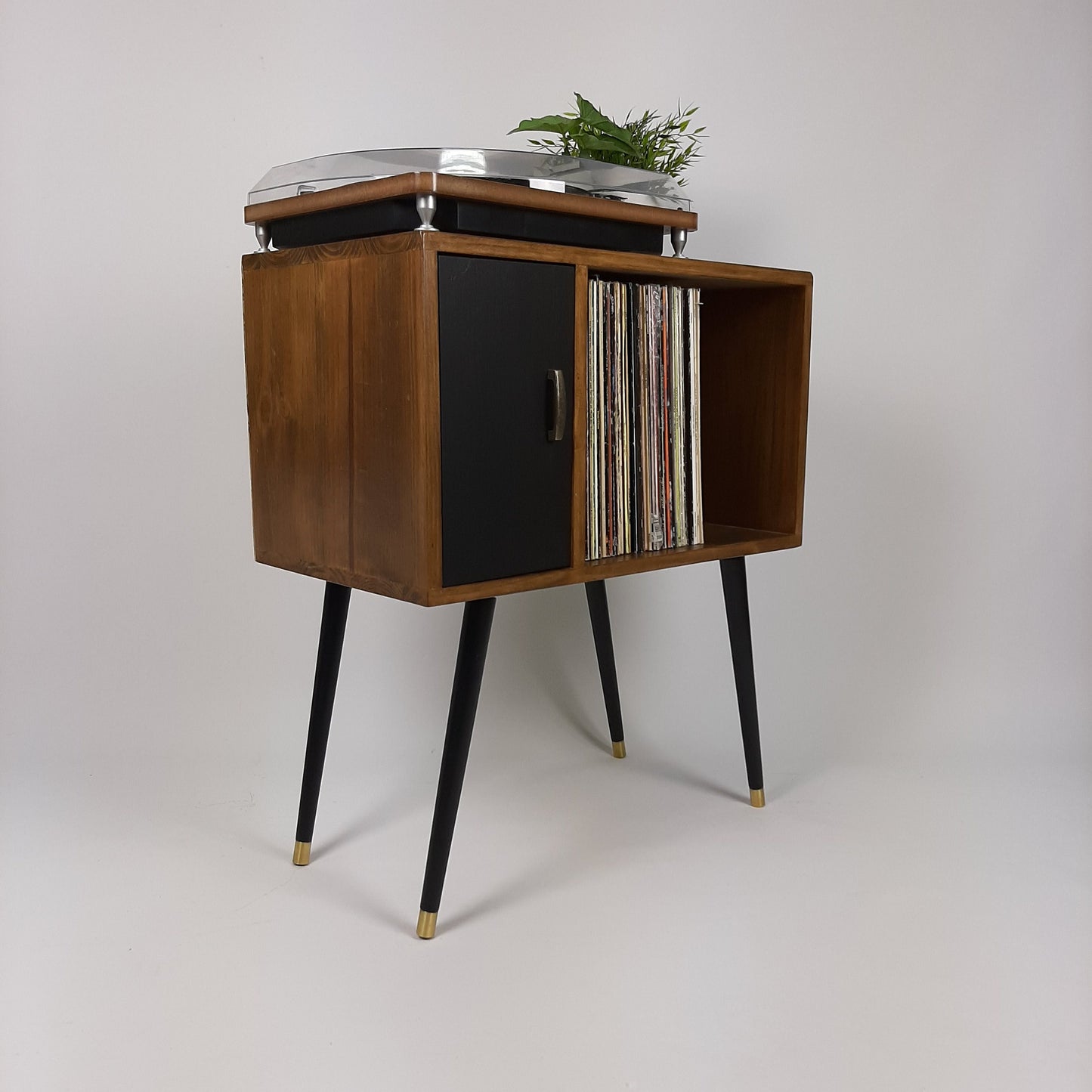 Compact Walnut Sideboard with Black Door | Minimalist Media Console | Vinyl Record Storage | TV Stand | Solid Wood Sideboard