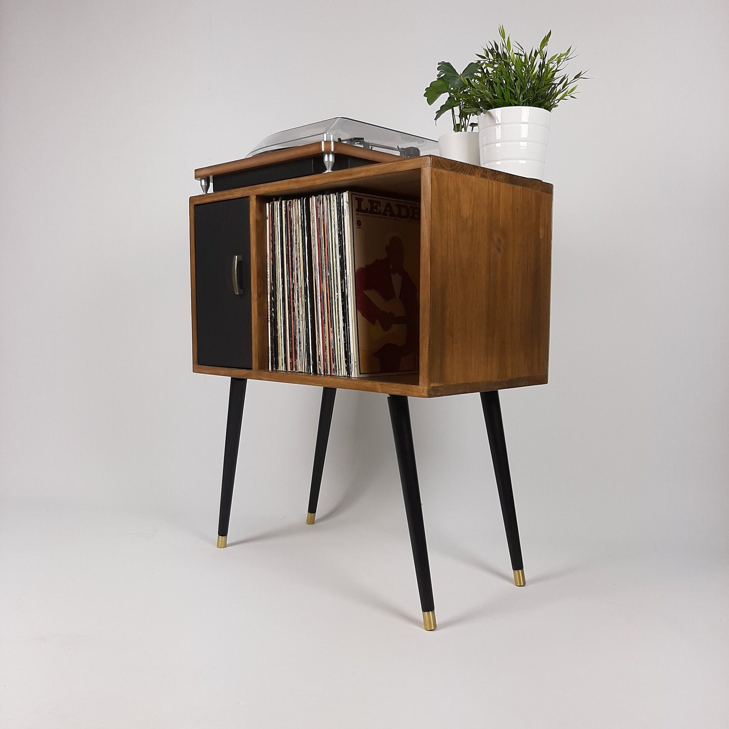 Compact Walnut Sideboard with Black Door | Minimalist Media Console | Vinyl Record Storage | TV Stand | Solid Wood Sideboard