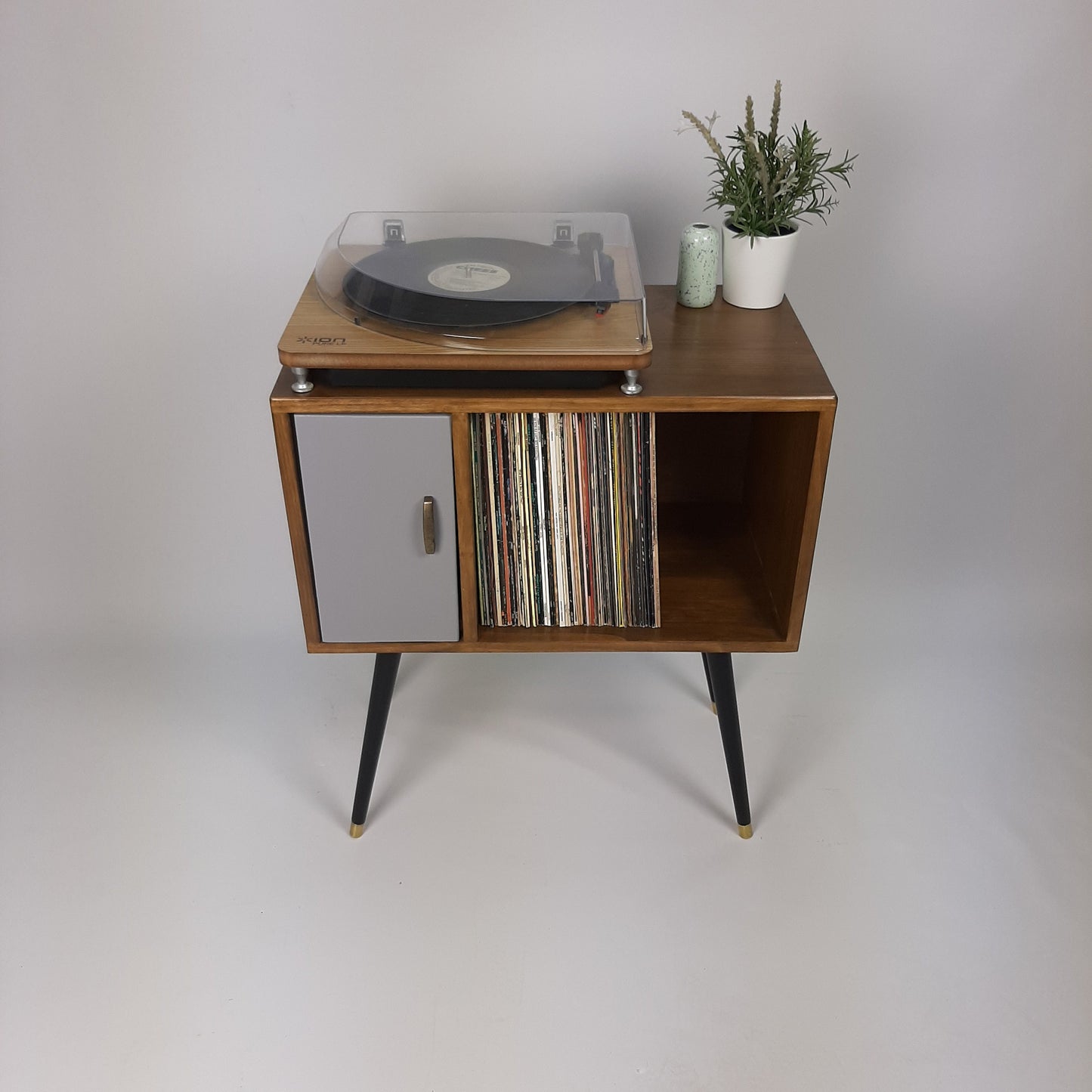 Compact Classic Sideboard with Pearl Grey Door | Media Console | Media Console with Black Legs | Mid Century Modern Design |