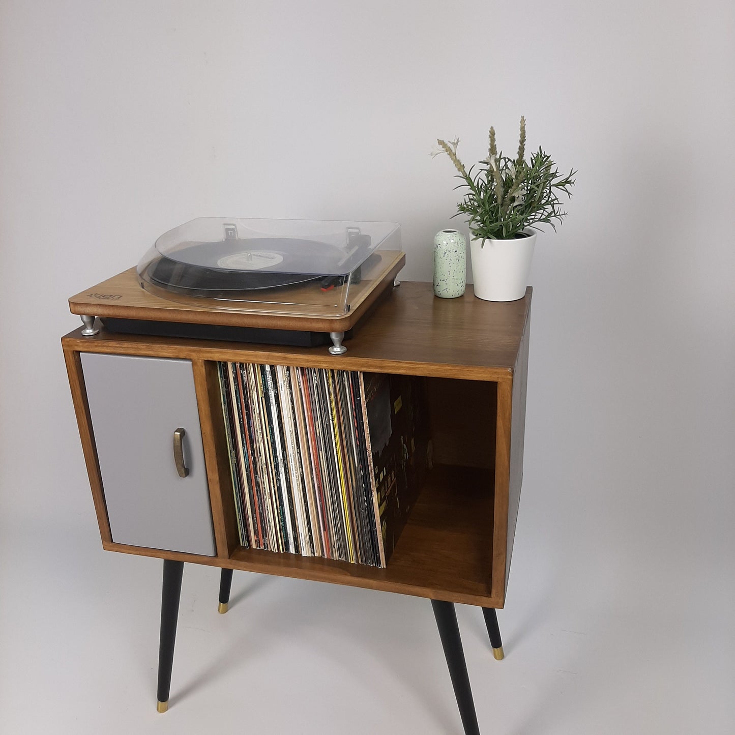 Compact Classic Sideboard with Pearl Grey Door | Media Console | Media Console with Black Legs | Mid Century Modern Design |