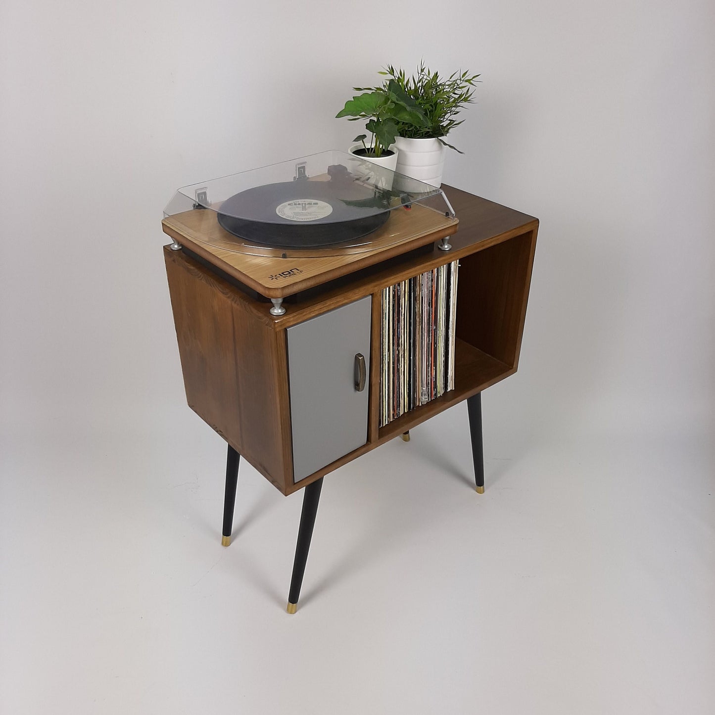 Compact Classic Sideboard with Pearl Grey Door | Media Console | Media Console with Black Legs | Mid Century Modern Design |