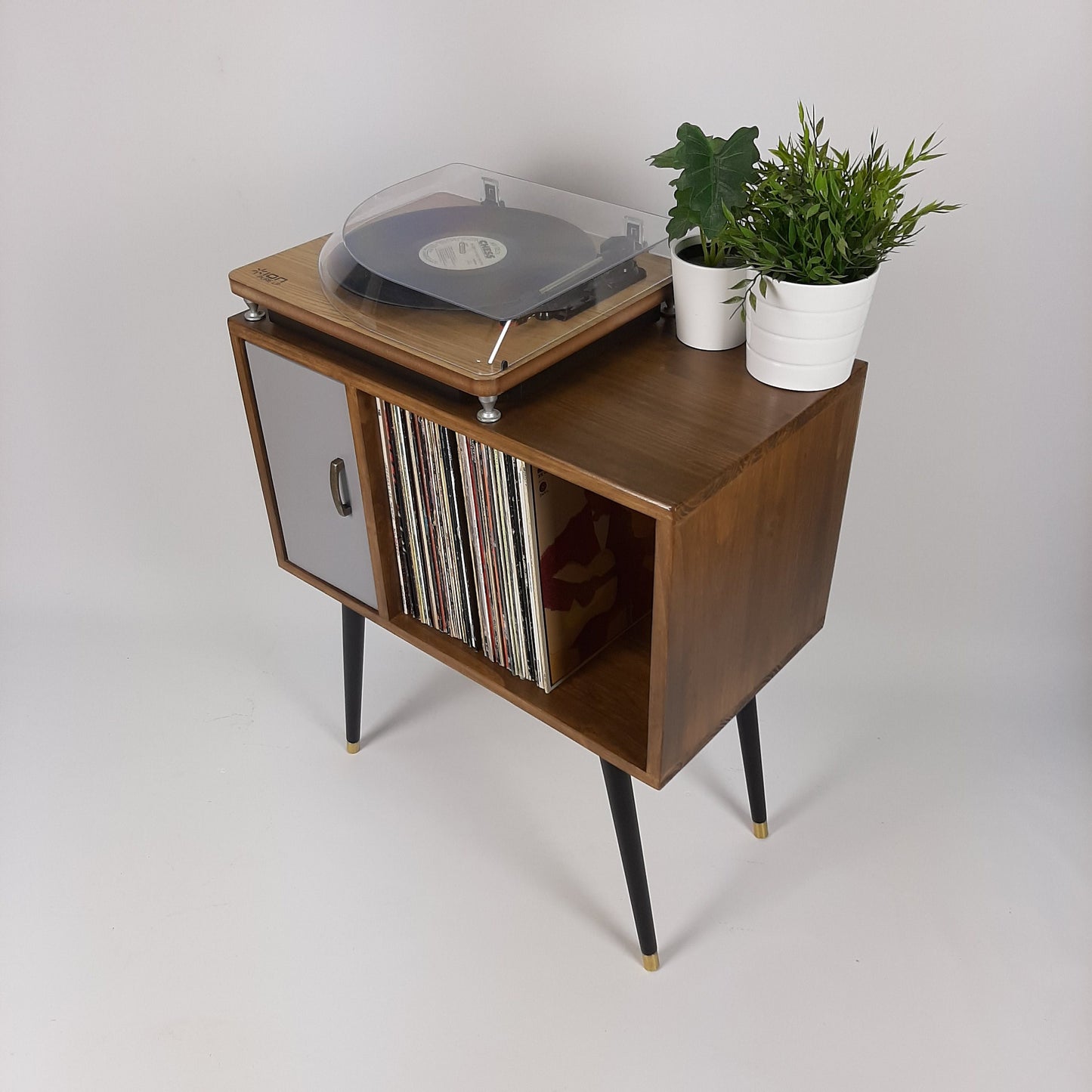 Compact Classic Sideboard with Pearl Grey Door | Media Console | Media Console with Black Legs | Mid Century Modern Design |
