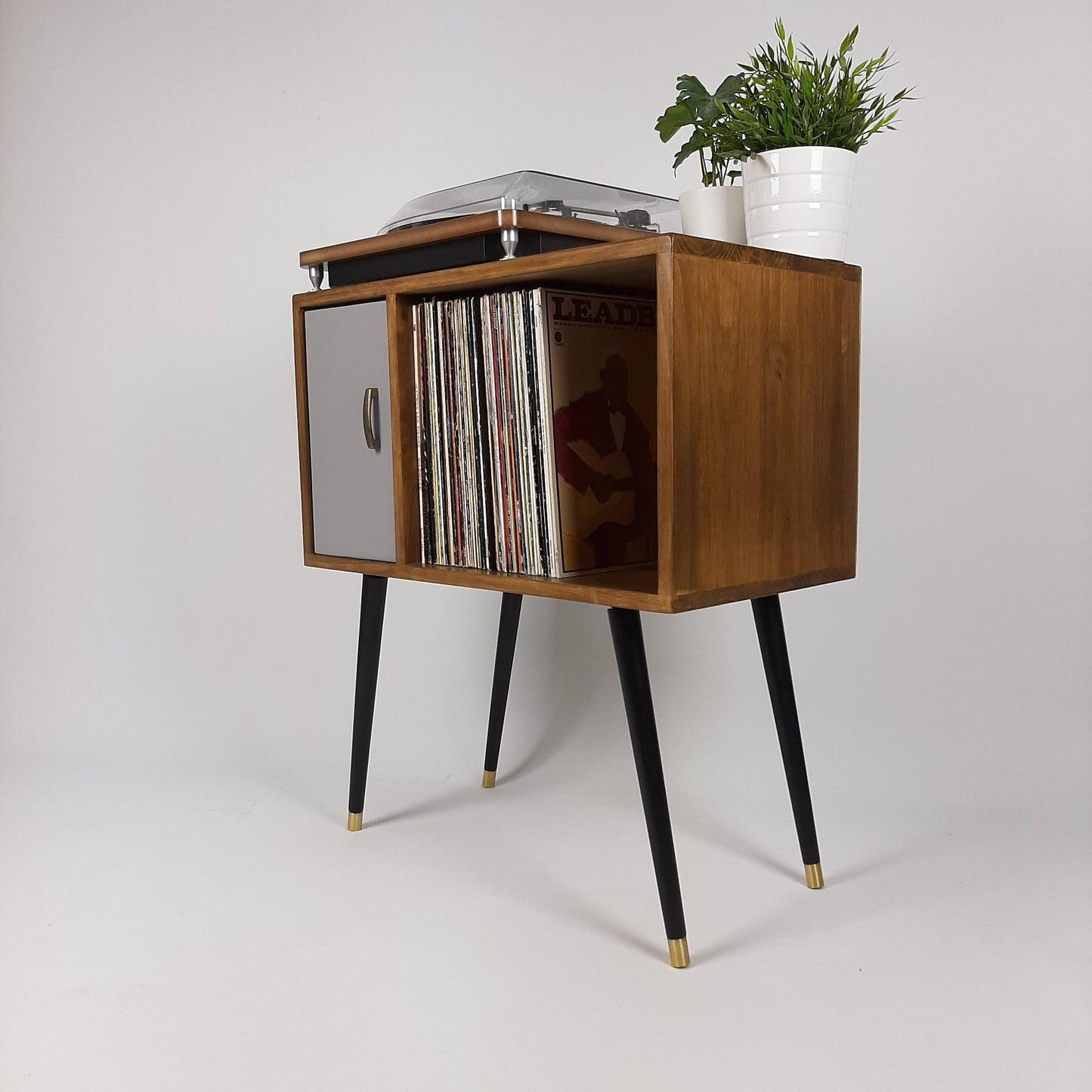 Compact Classic Sideboard with Pearl Grey Door | Media Console | Media Console with Black Legs | Mid Century Modern Design |