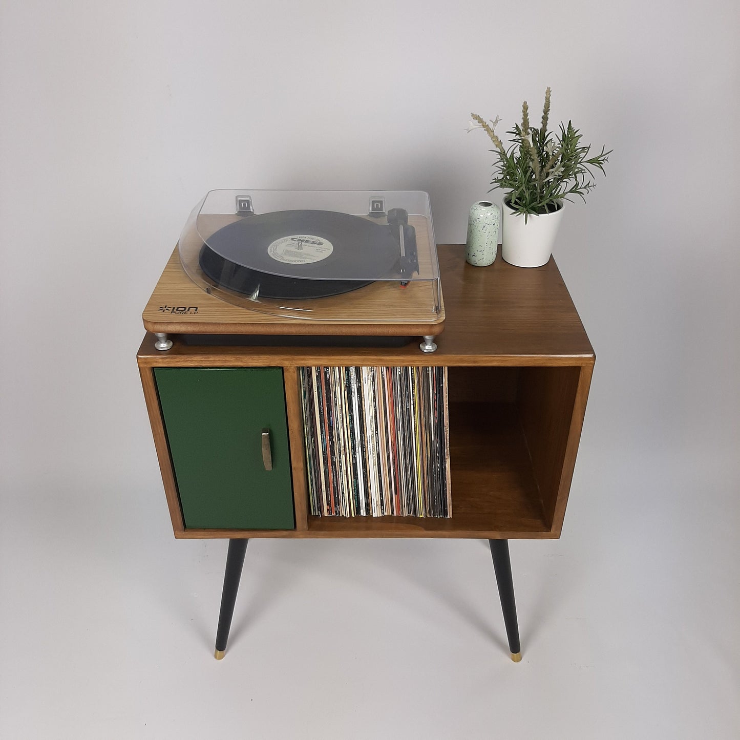 Compact Walnut Sideboard with Green Door | Minimalist Media Console | Vinyl Record Storage | TV Stand | Solid Wood Sideboard