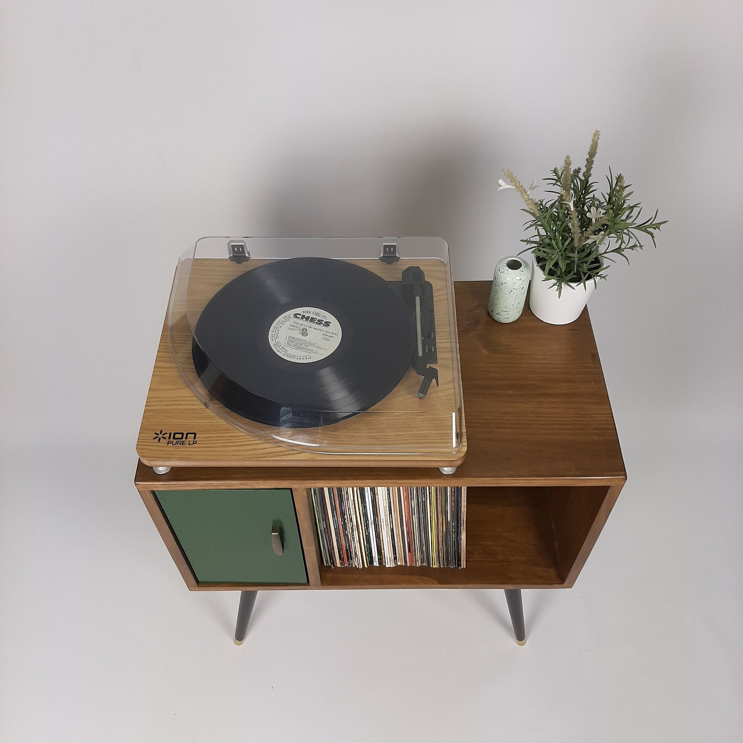 Compact Walnut Sideboard with Green Door | Minimalist Media Console | Vinyl Record Storage | TV Stand | Solid Wood Sideboard