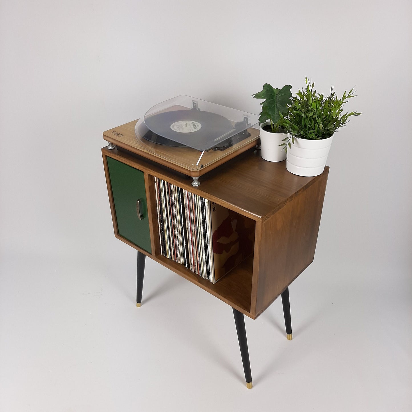 Compact Walnut Sideboard with Green Door | Minimalist Media Console | Vinyl Record Storage | TV Stand | Solid Wood Sideboard