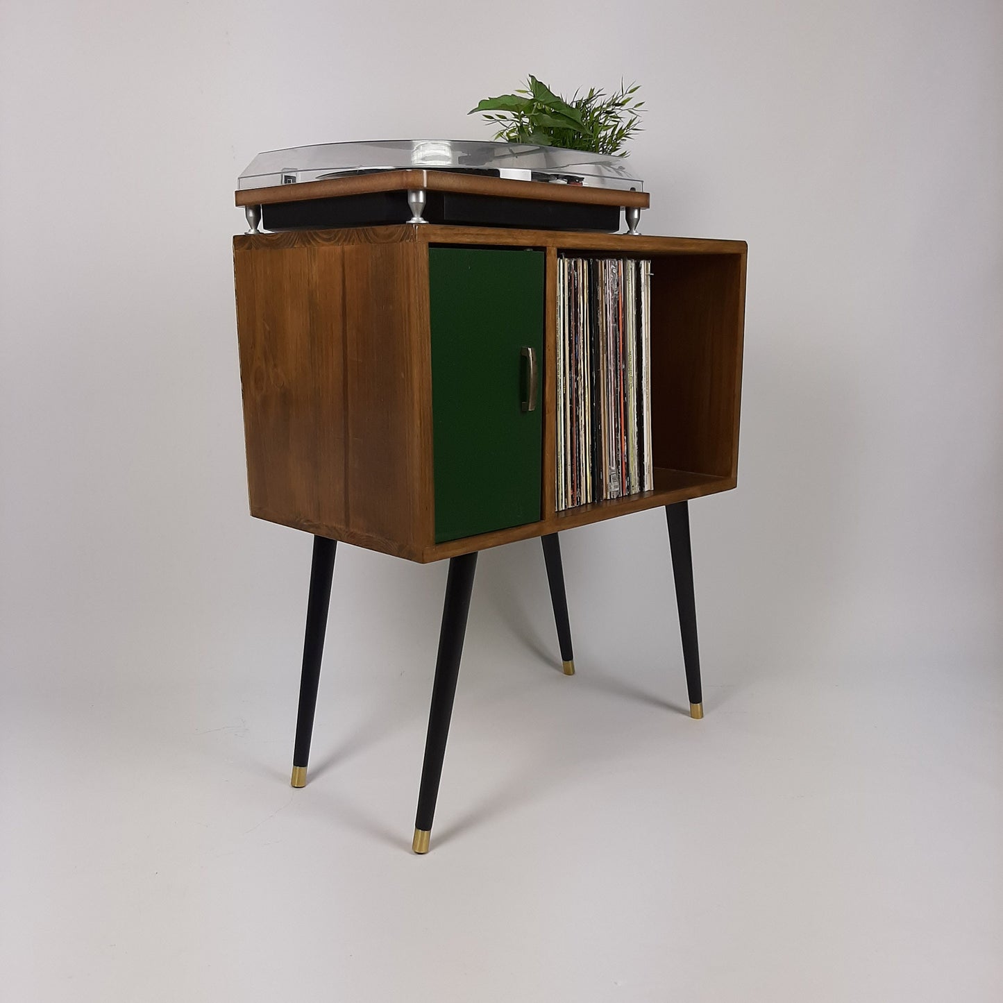 Compact Walnut Sideboard with Green Door | Minimalist Media Console | Vinyl Record Storage | TV Stand | Solid Wood Sideboard