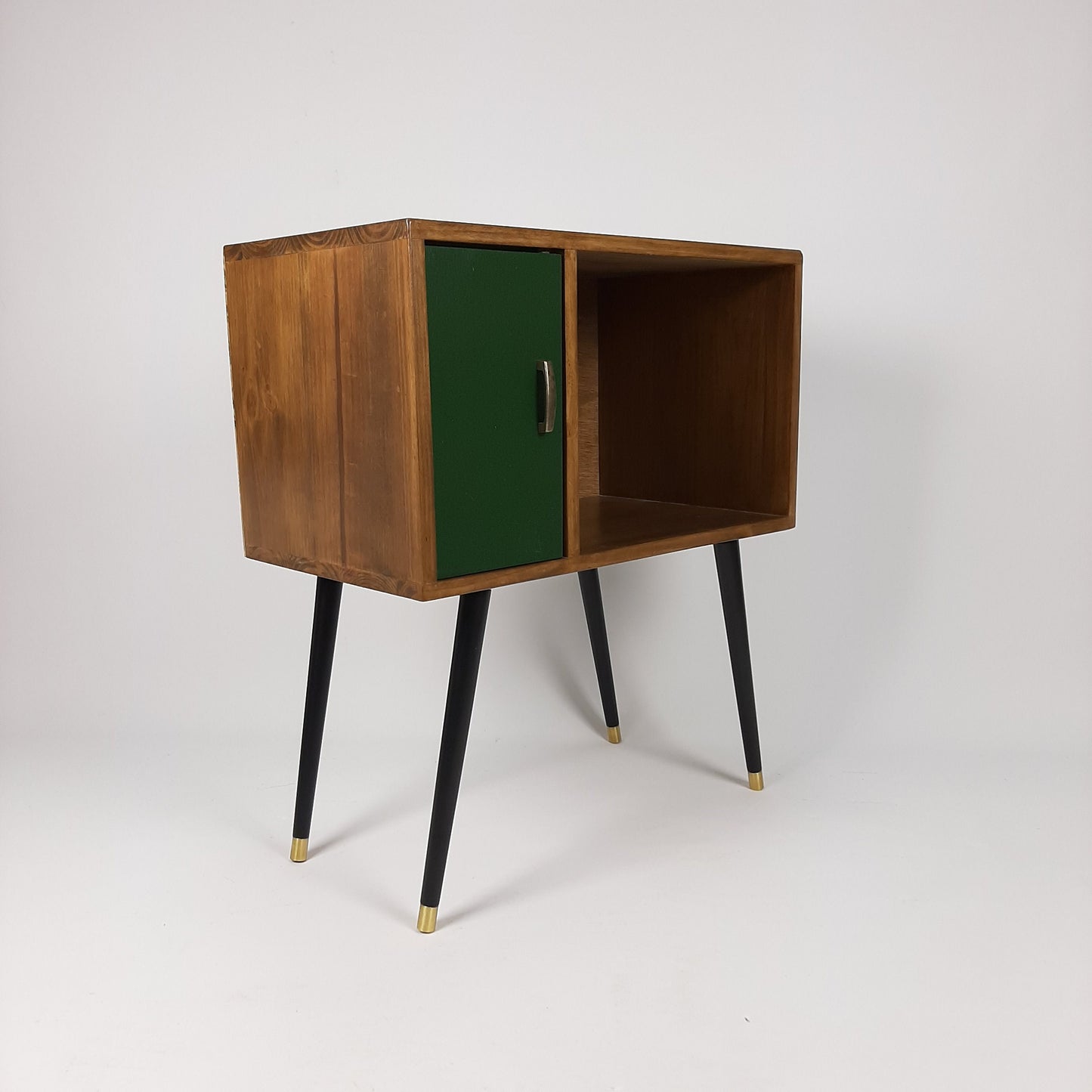 Compact Walnut Sideboard with Green Door | Minimalist Media Console | Vinyl Record Storage | TV Stand | Solid Wood Sideboard