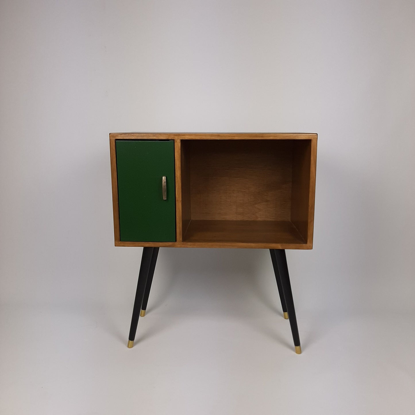 Compact Walnut Sideboard with Green Door | Minimalist Media Console | Vinyl Record Storage | TV Stand | Solid Wood Sideboard