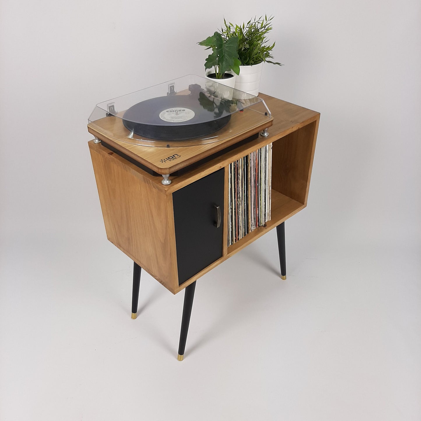 Oak Sideboard with Black Door | Vinyl Record Storage | Console Table | Record Cabinet | Mid Century Modern Legs | Dansette Record Table