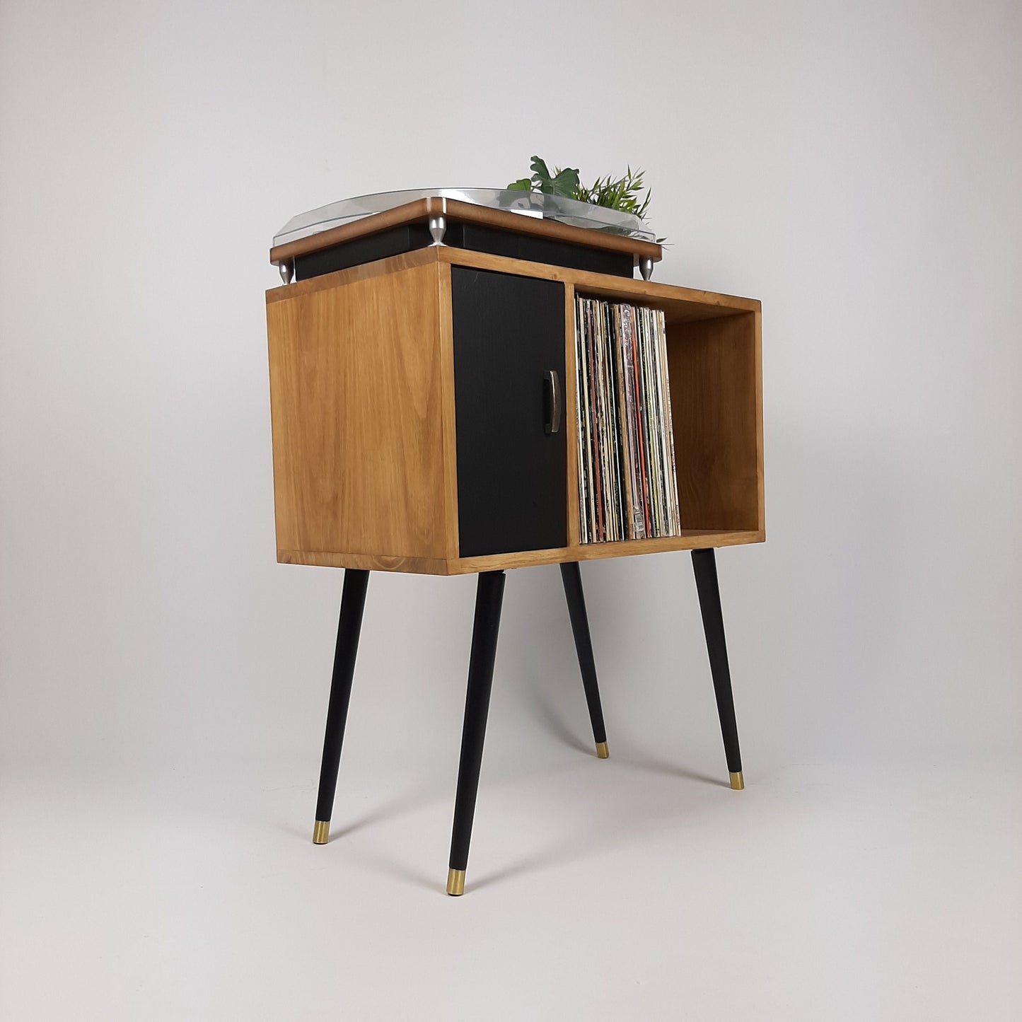 Oak Sideboard with Black Door | Vinyl Record Storage | Console Table | Record Cabinet | Mid Century Modern Legs | Dansette Record Table