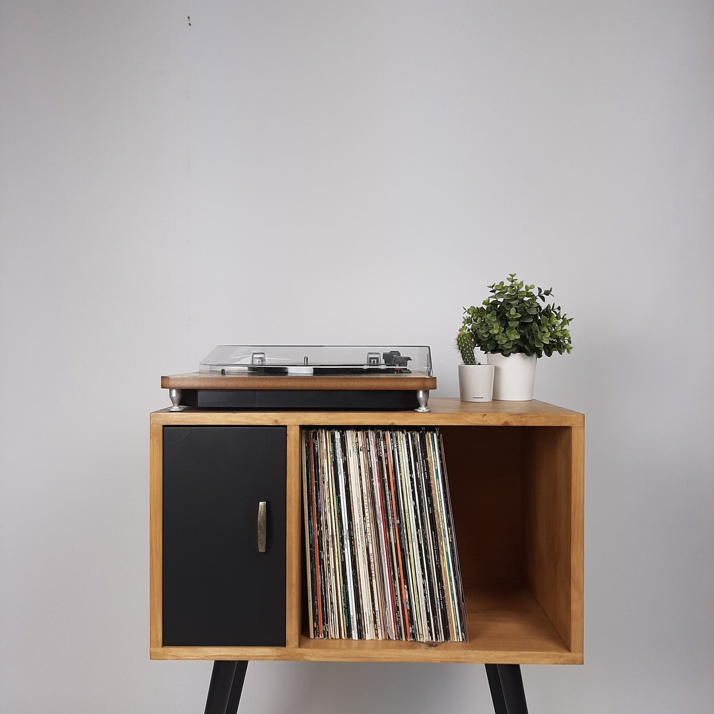 Oak Sideboard with Black Door | Vinyl Record Storage | Console Table | Record Cabinet | Mid Century Modern Legs | Dansette Record Table
