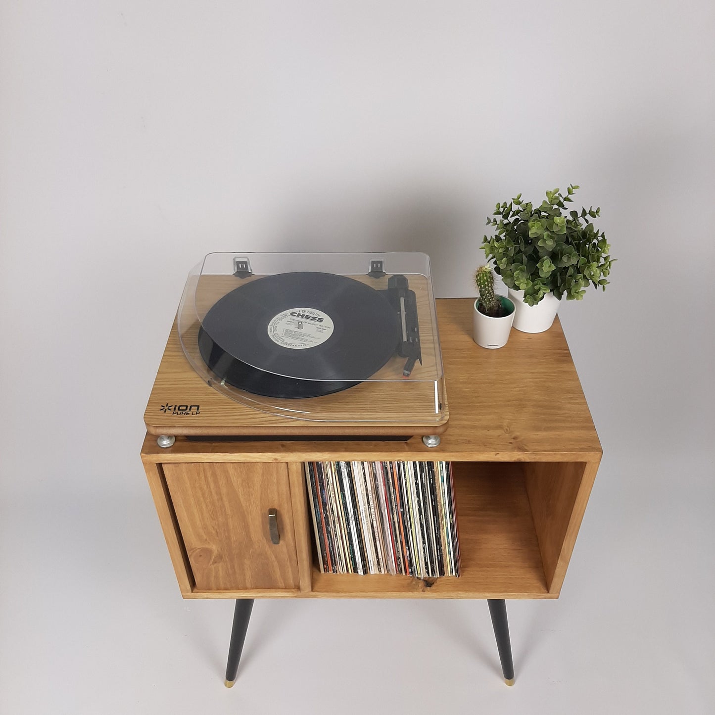 Oak Sideboard with Brass Handle Black 1950s Legs | Small Solid Wood Sideboard | Record Storage Console | Classic Style | Modernist Furniture