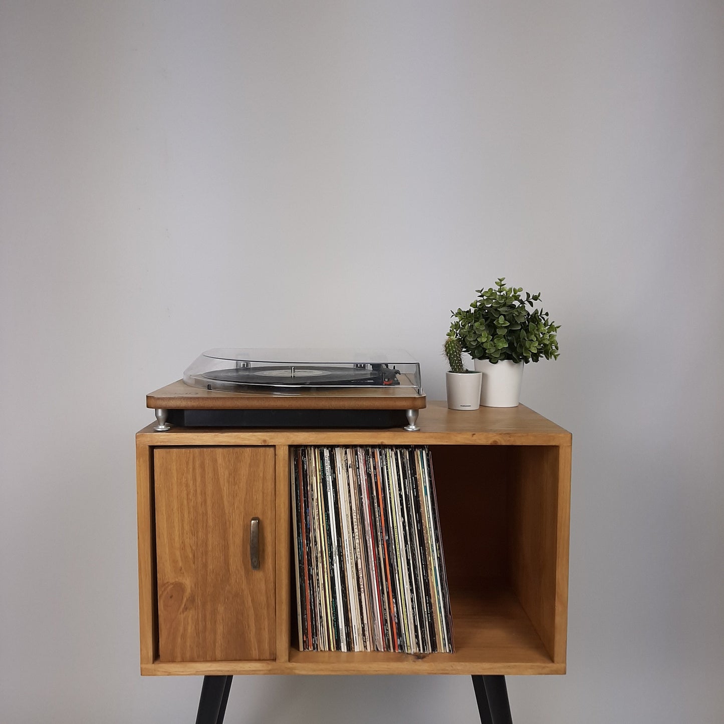 Oak Sideboard with Brass Handle Black 1950s Legs | Small Solid Wood Sideboard | Record Storage Console | Classic Style | Modernist Furniture