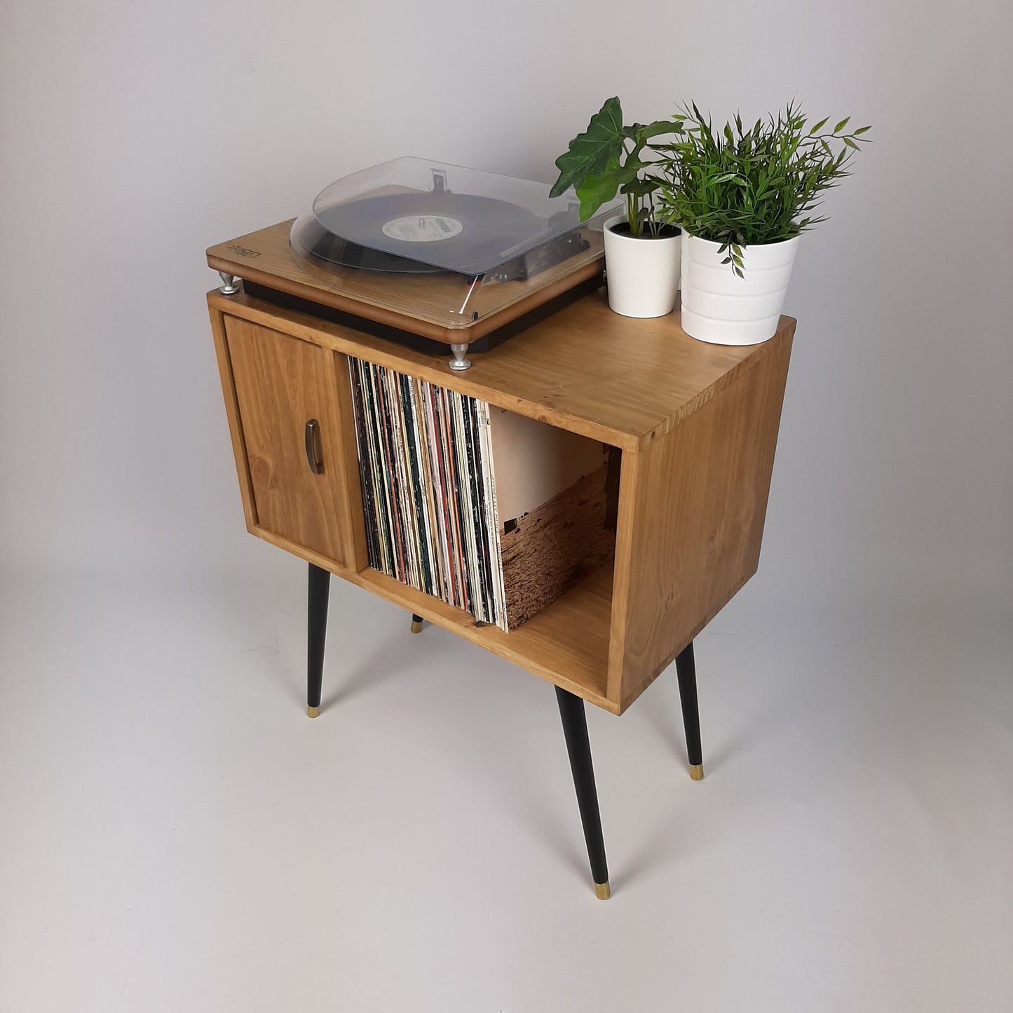 Oak Sideboard with Brass Handle Black 1950s Legs | Small Solid Wood Sideboard | Record Storage Console | Classic Style | Modernist Furniture