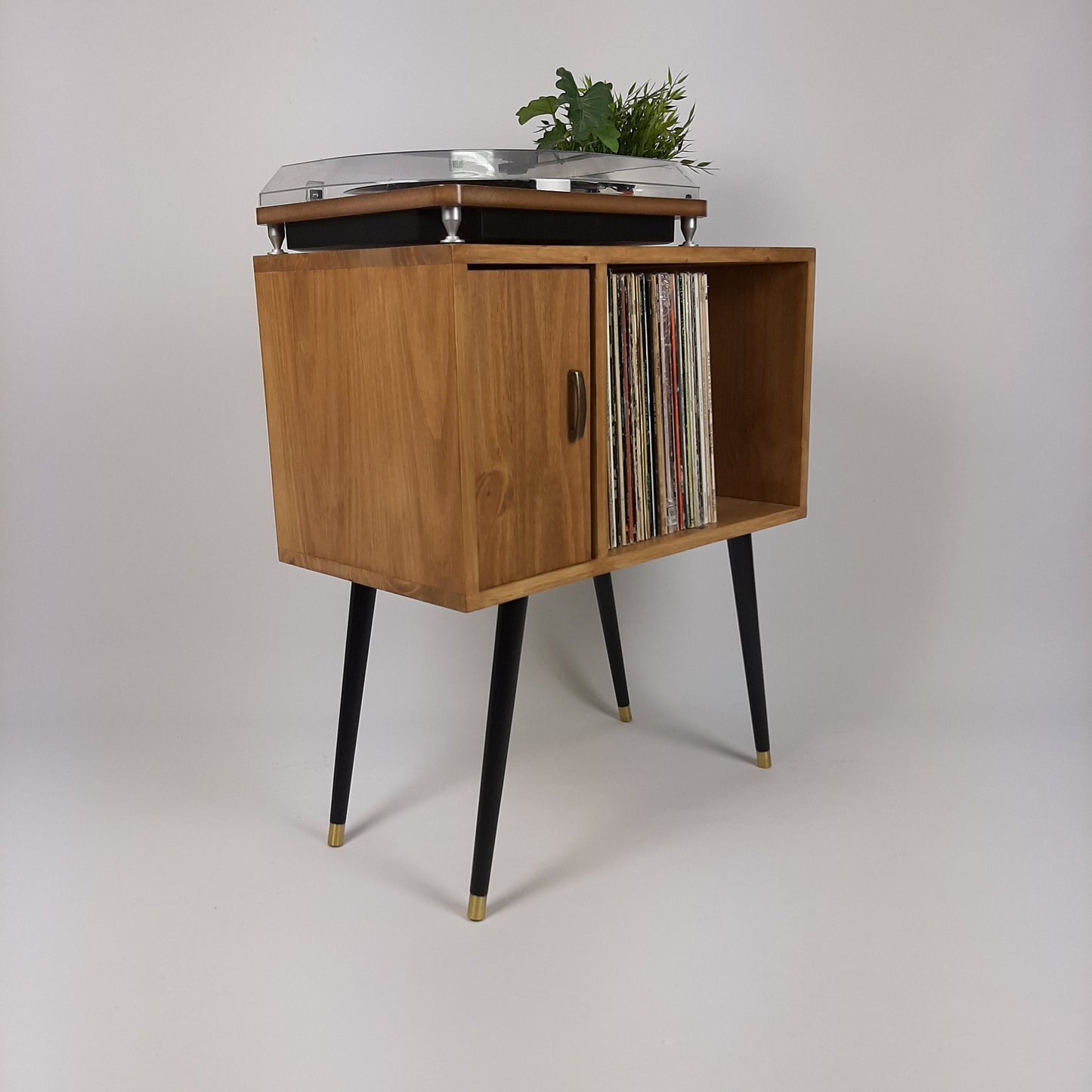 Oak Sideboard with Brass Handle Black 1950s Legs | Small Solid Wood Sideboard | Record Storage Console | Classic Style | Modernist Furniture