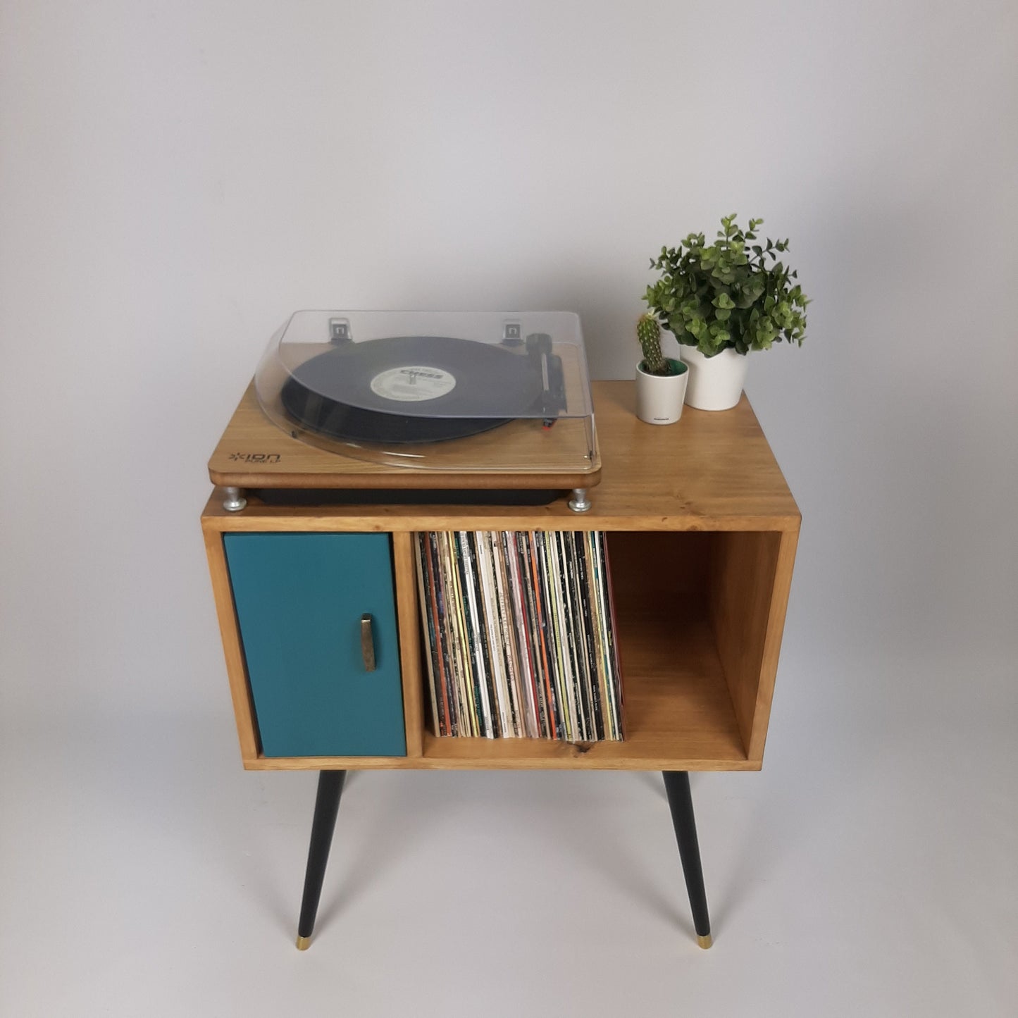 Oak Sideboard with Royal Blue Door | Vinyl Record Storage | Console Table | Record Cabinet | Mid Century Modern Legs | Dansette Record Table