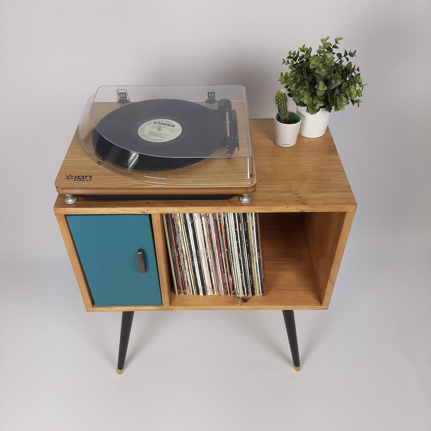 Oak Sideboard with Royal Blue Door | Vinyl Record Storage | Console Table | Record Cabinet | Mid Century Modern Legs | Dansette Record Table