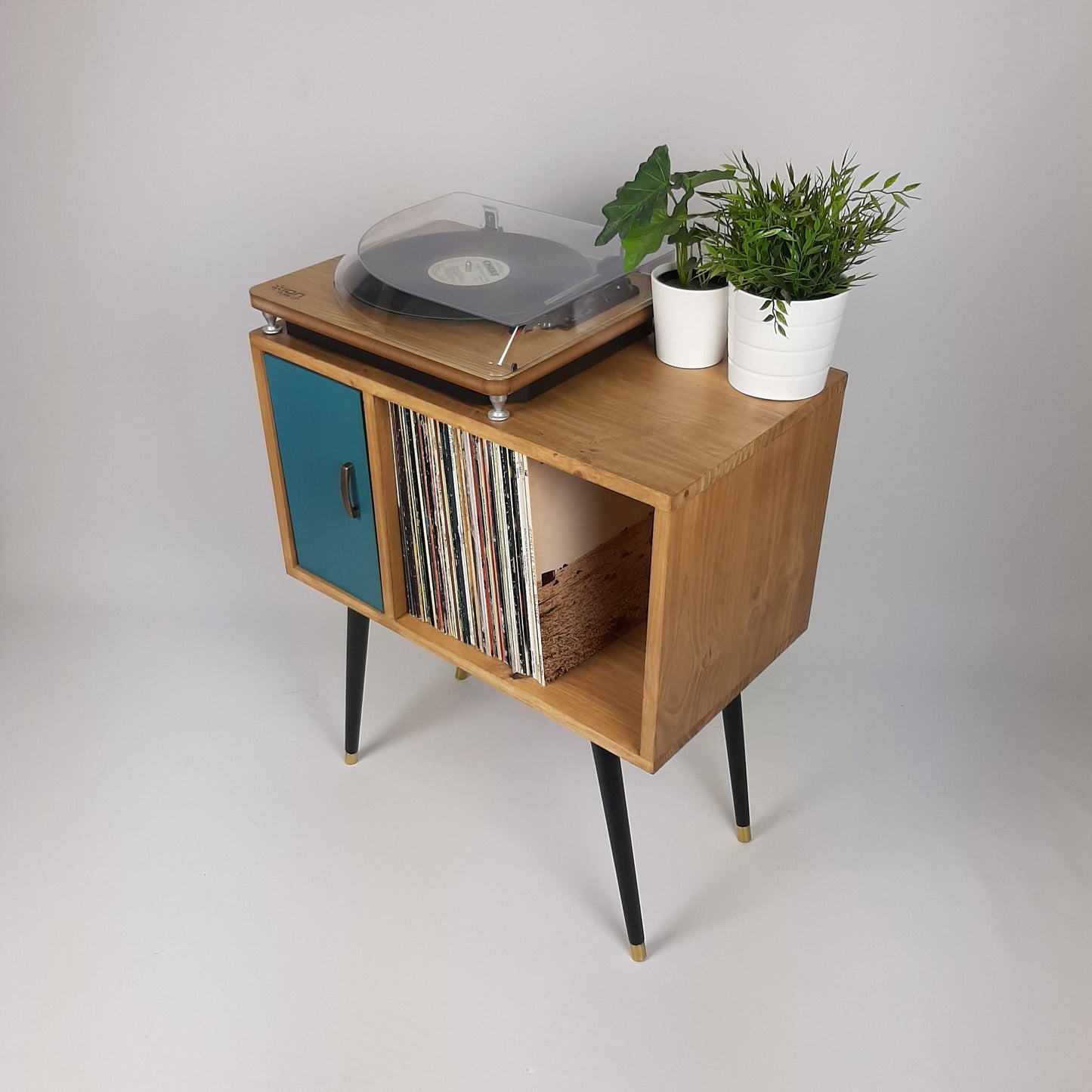 Oak Sideboard with Royal Blue Door | Vinyl Record Storage | Console Table | Record Cabinet | Mid Century Modern Legs | Dansette Record Table