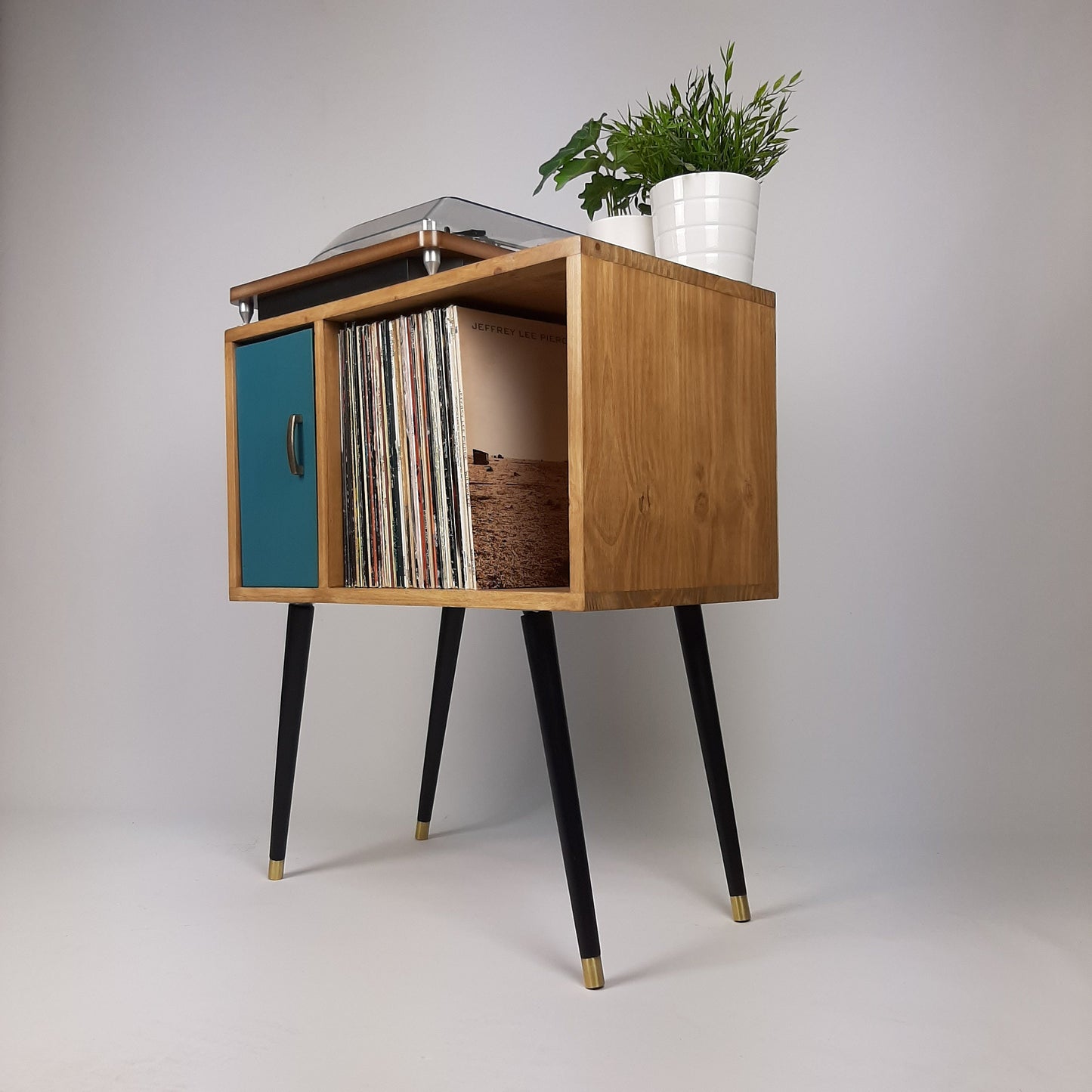 Oak Sideboard with Royal Blue Door | Vinyl Record Storage | Console Table | Record Cabinet | Mid Century Modern Legs | Dansette Record Table