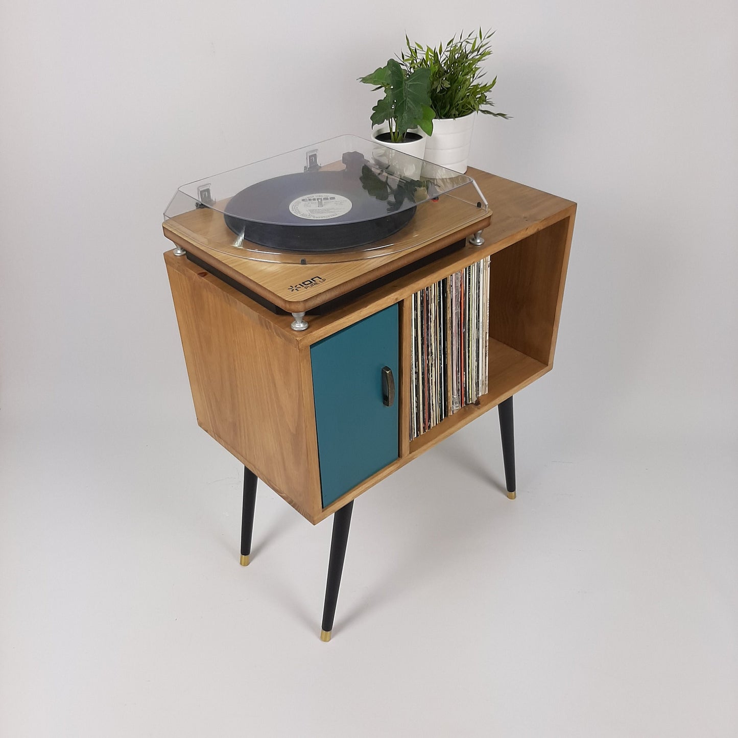 Oak Sideboard with Royal Blue Door | Vinyl Record Storage | Console Table | Record Cabinet | Mid Century Modern Legs | Dansette Record Table